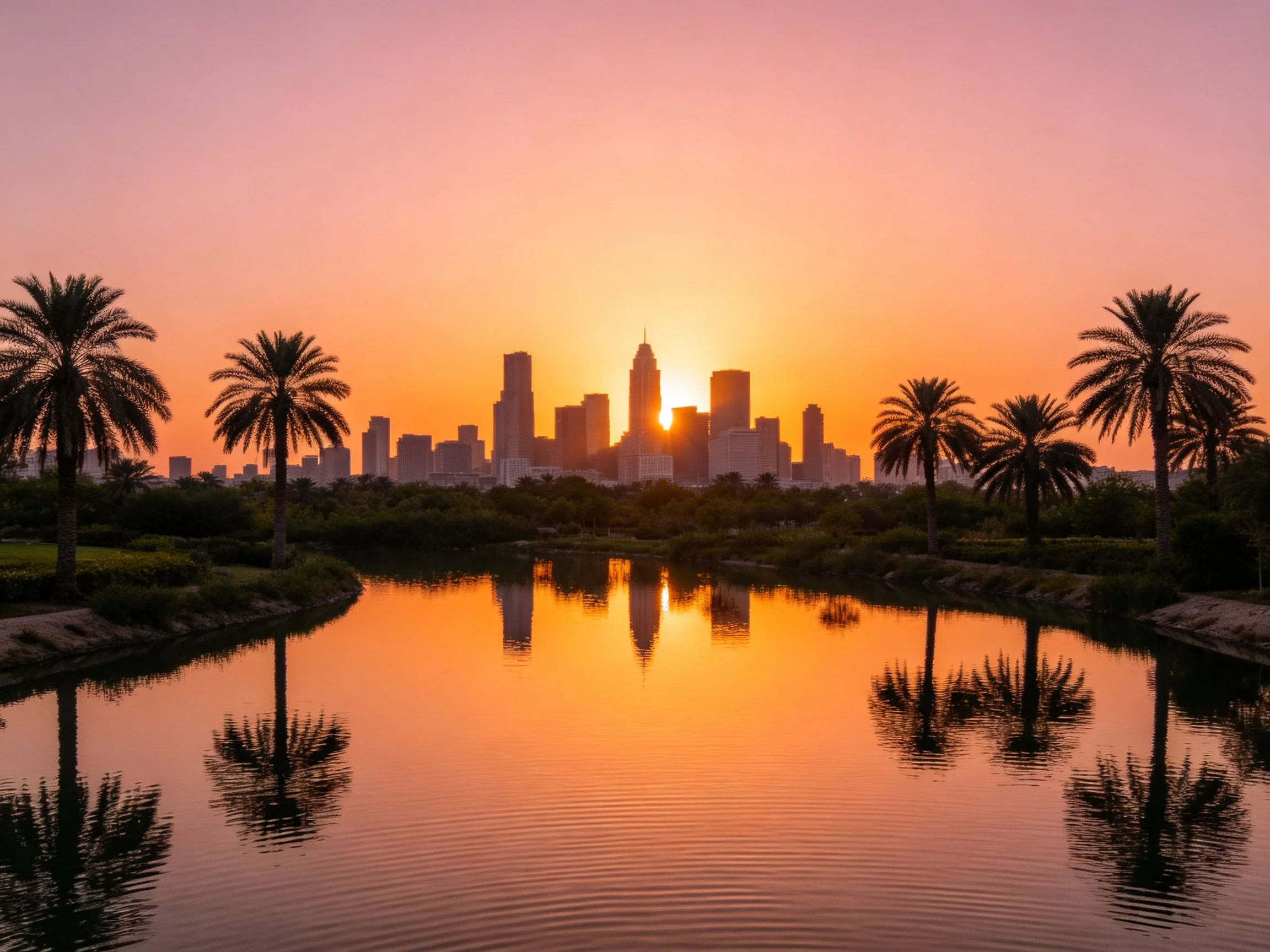 Silhouetted skyscrapers reflect in calm water during vibrant sunset