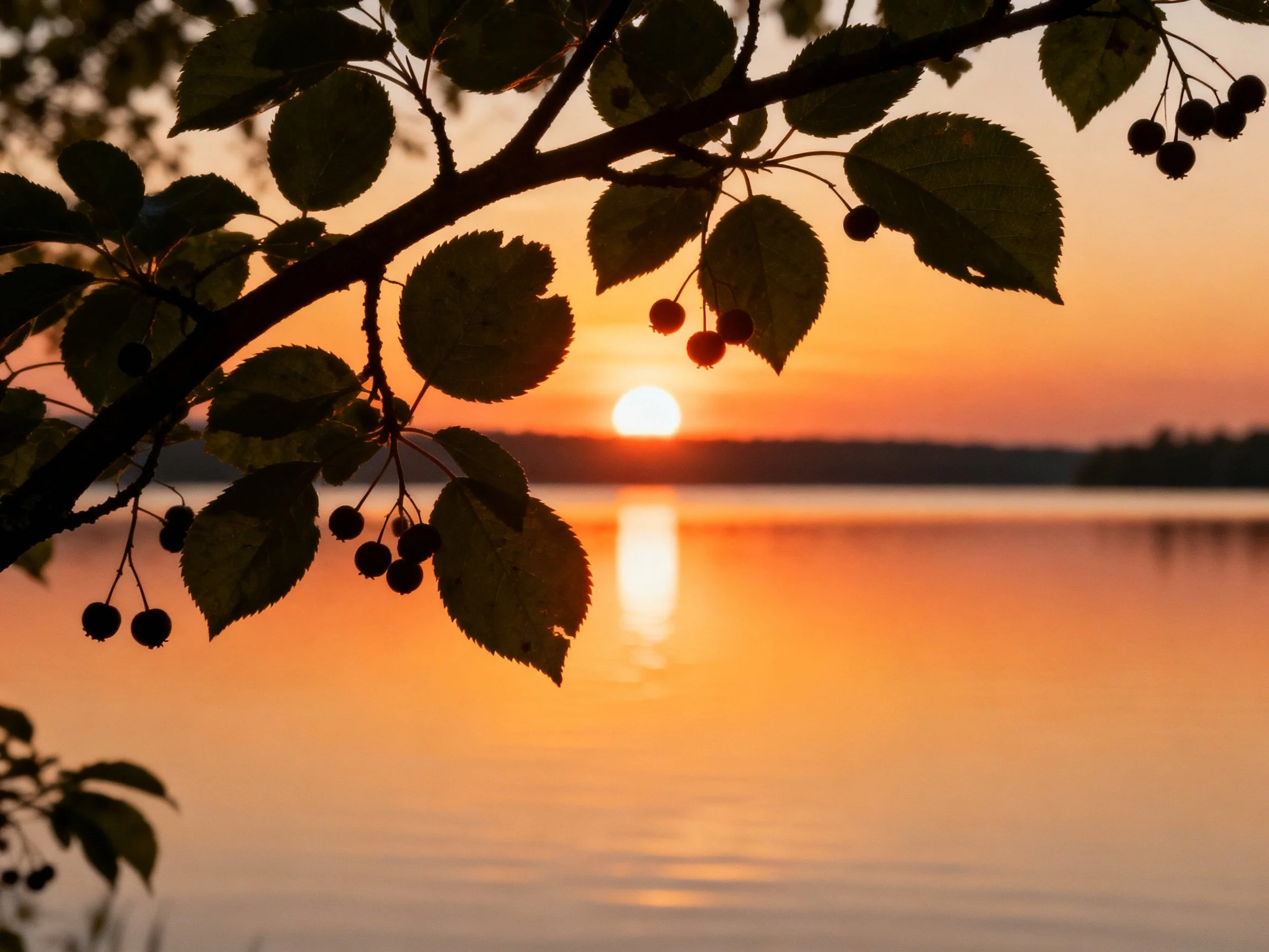 Silhouetted tree branch with berries against golden sunset over calm water