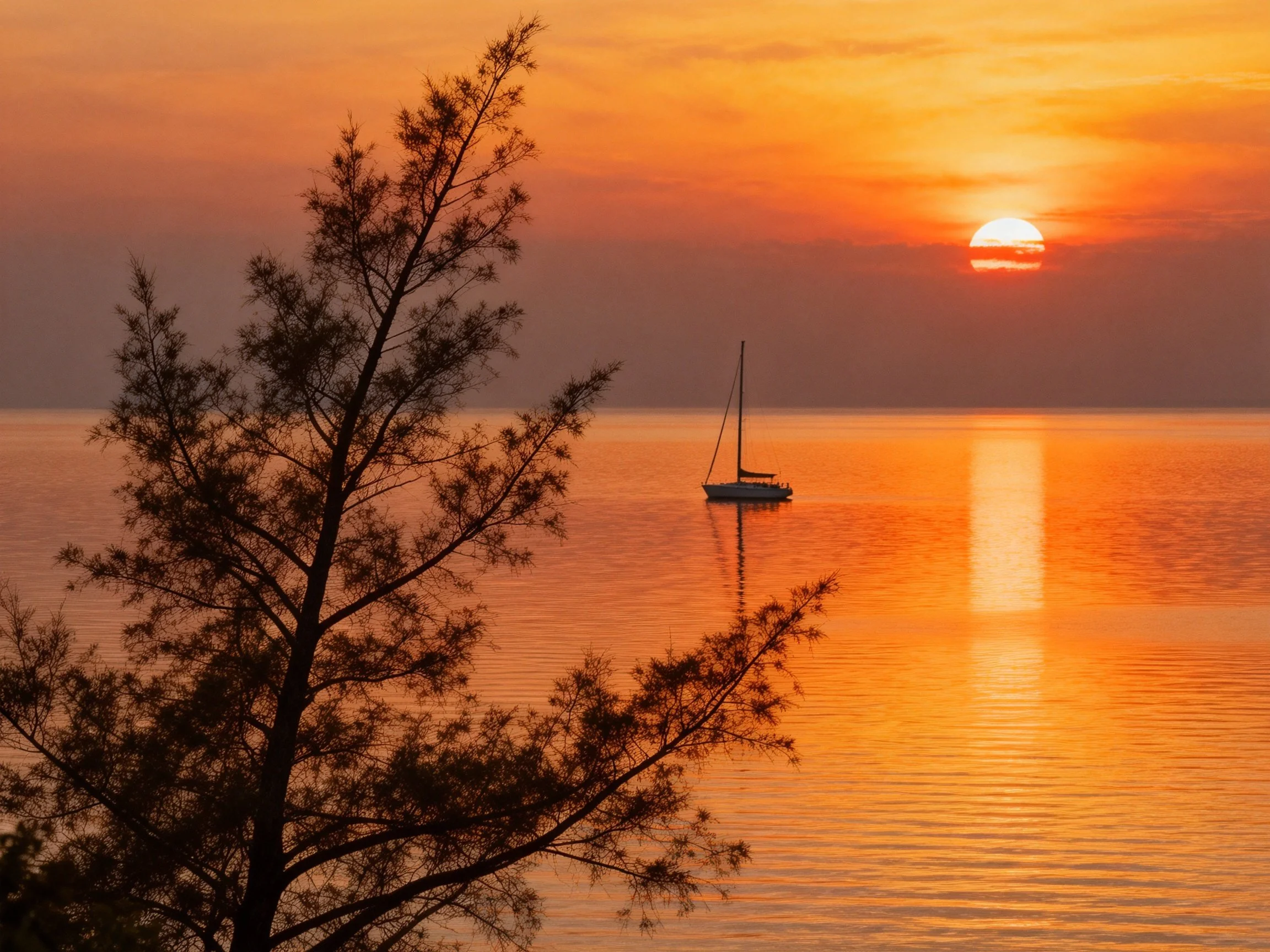 Silhouetted tree, sailboat, and golden sunset over calm water