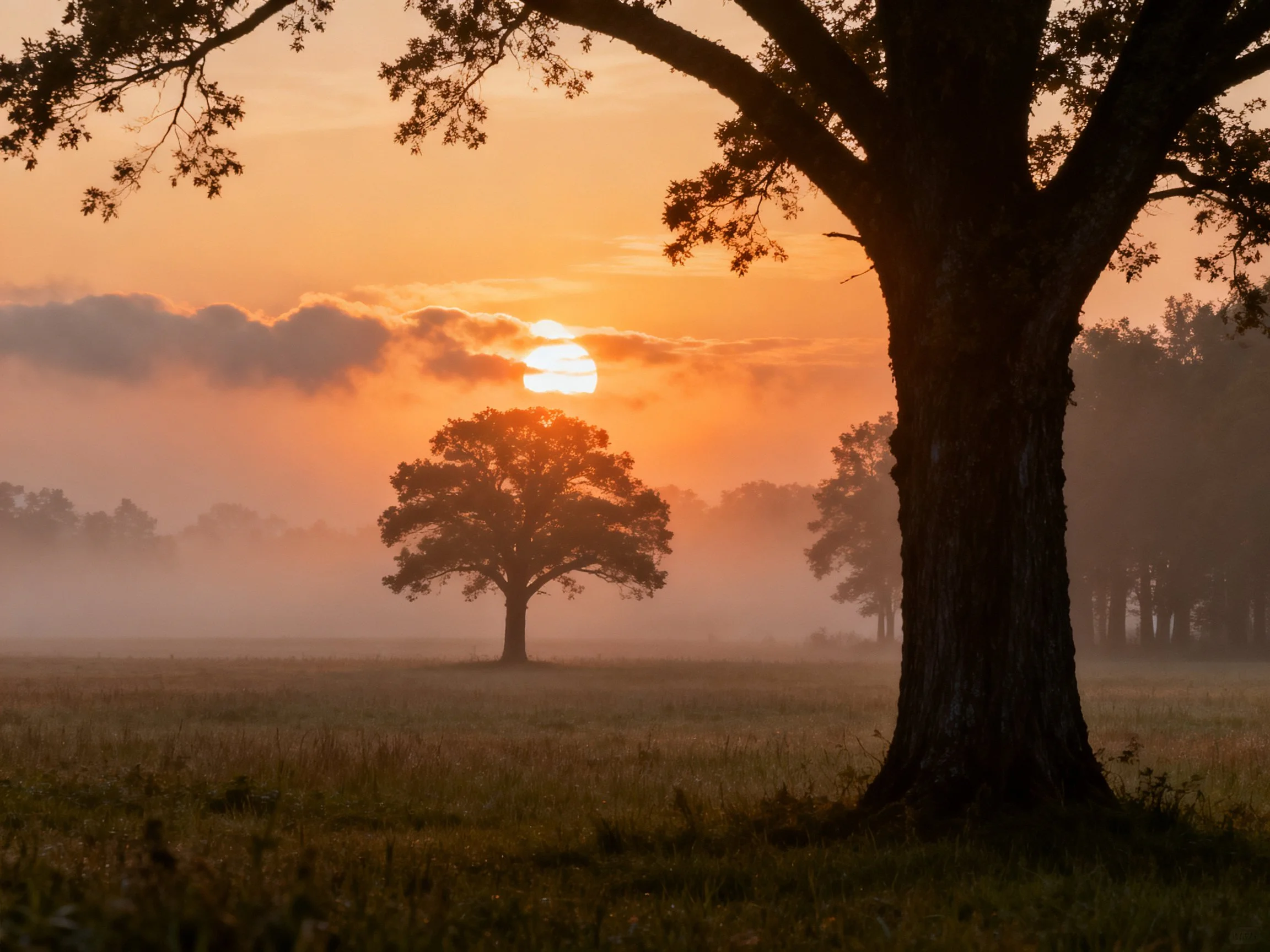 Silhouetted trees against an orange-hued sunrise over a misty field