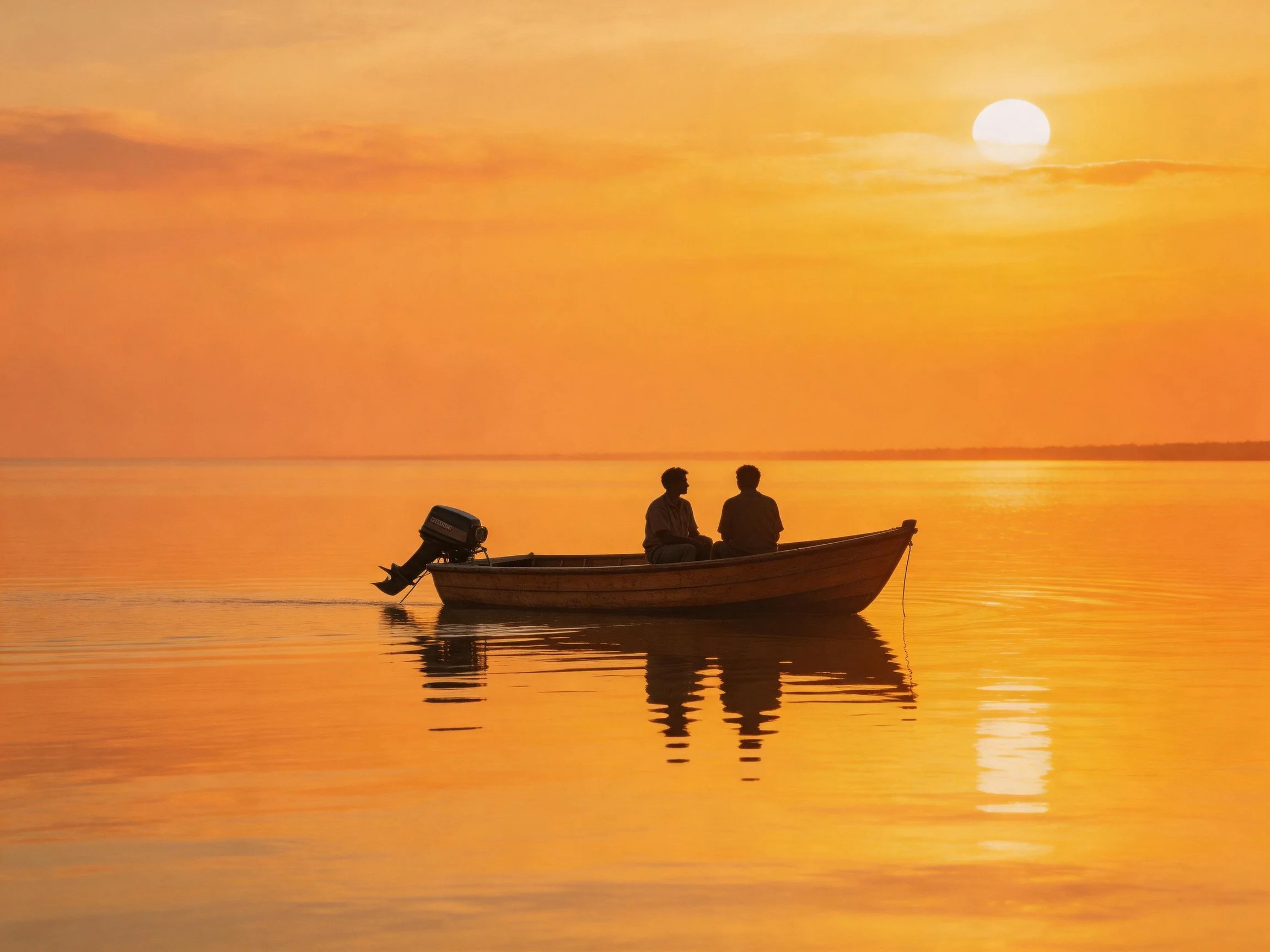 Silhouettes of two people in a boat on calm water at sunset