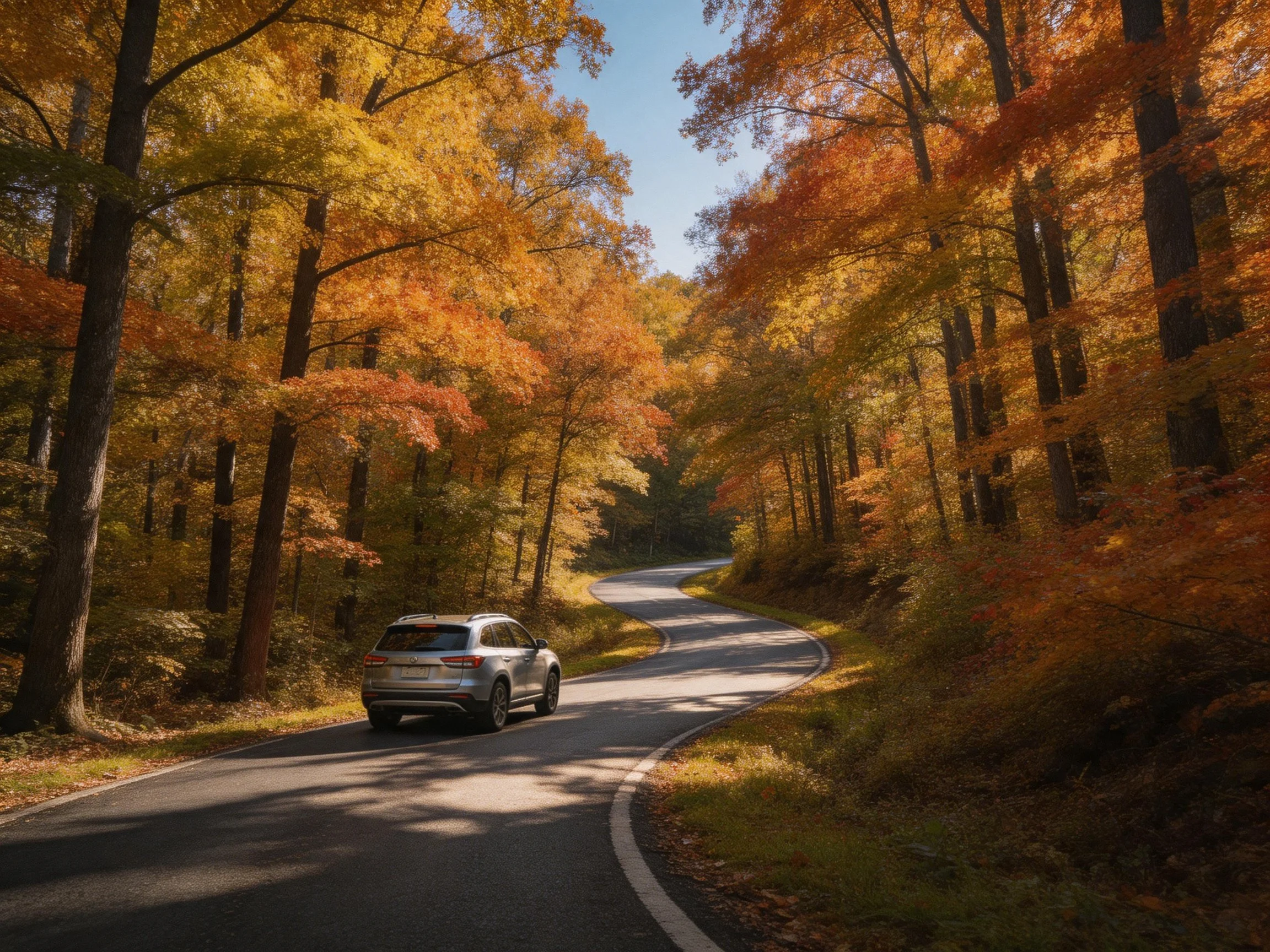 Silver SUV travels along winding autumn forest road