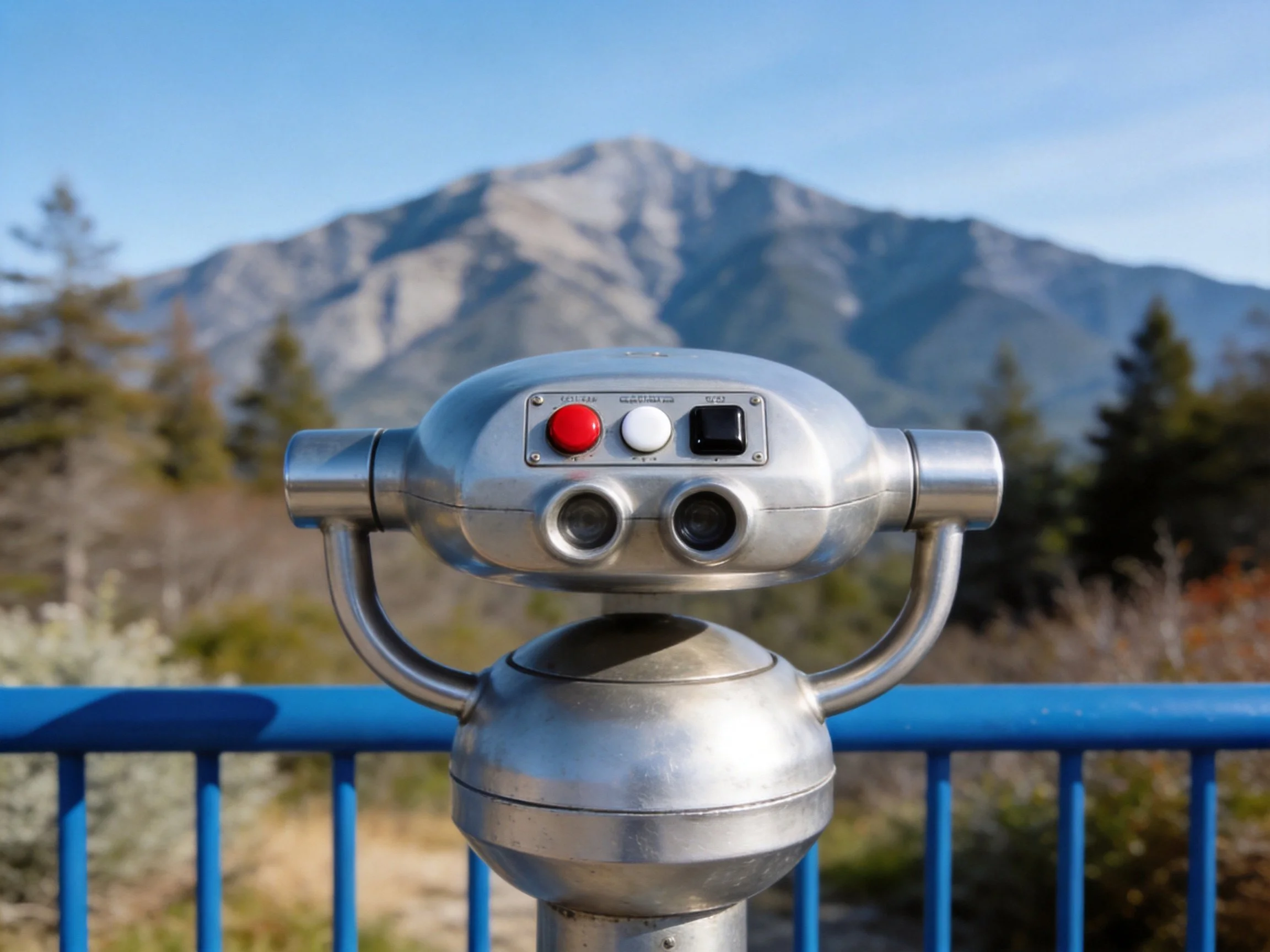 Silver coin-operated binoculars near blue railing with mountain view