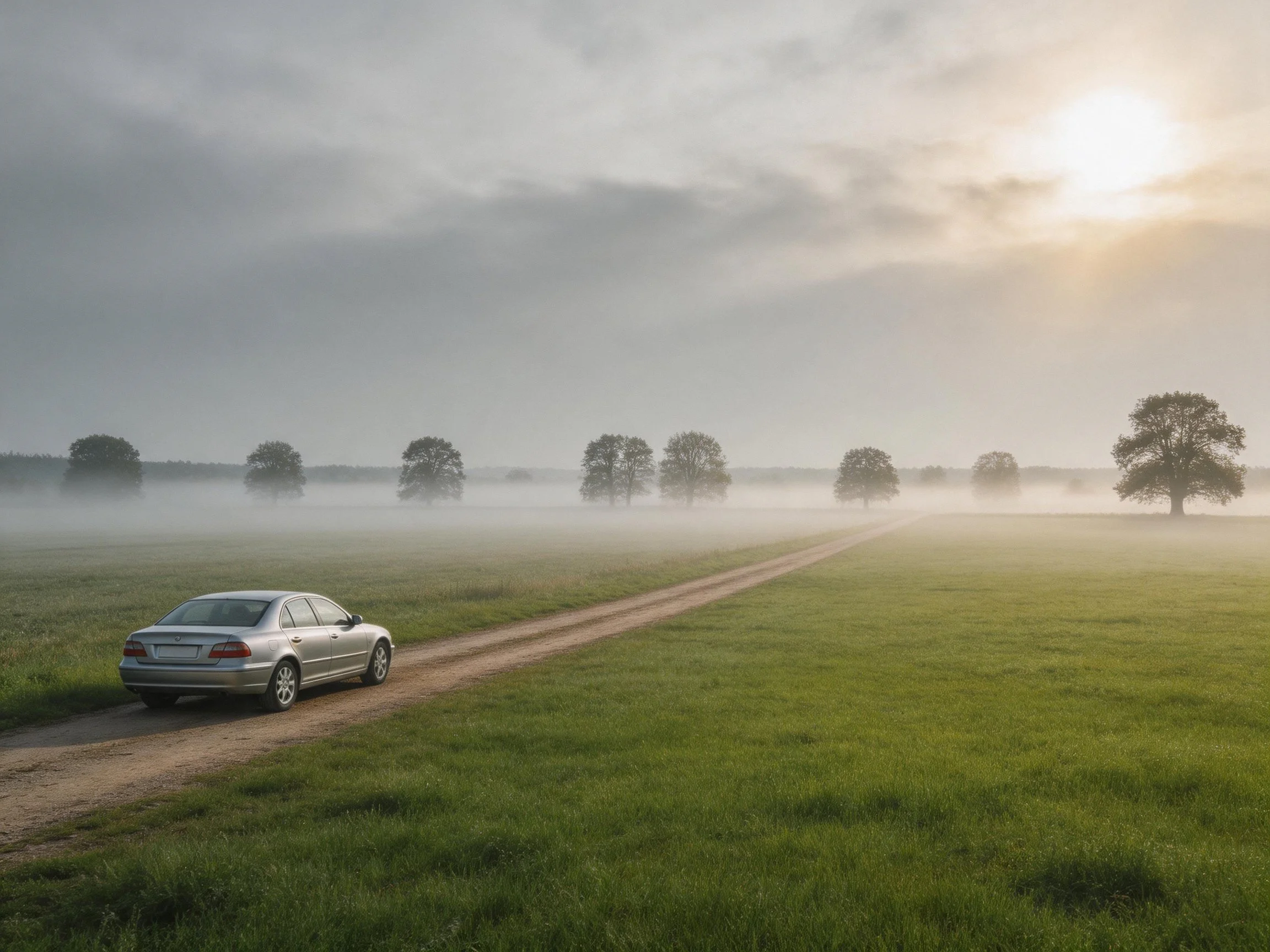 Silver sedan on a misty rural dirt road with distant trees