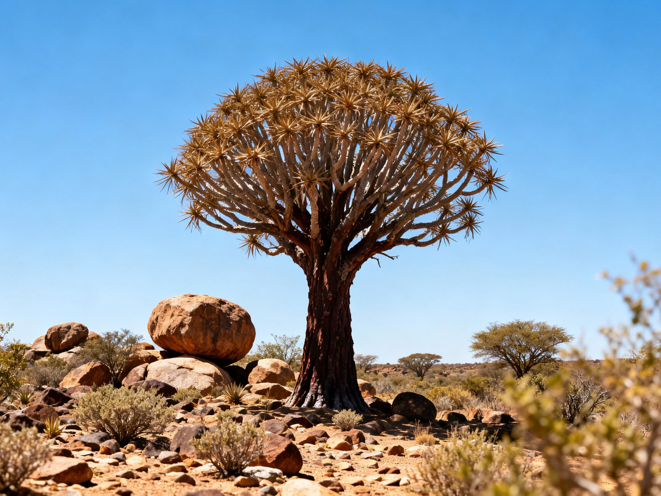 Single quiver tree near large boulders in arid rocky area