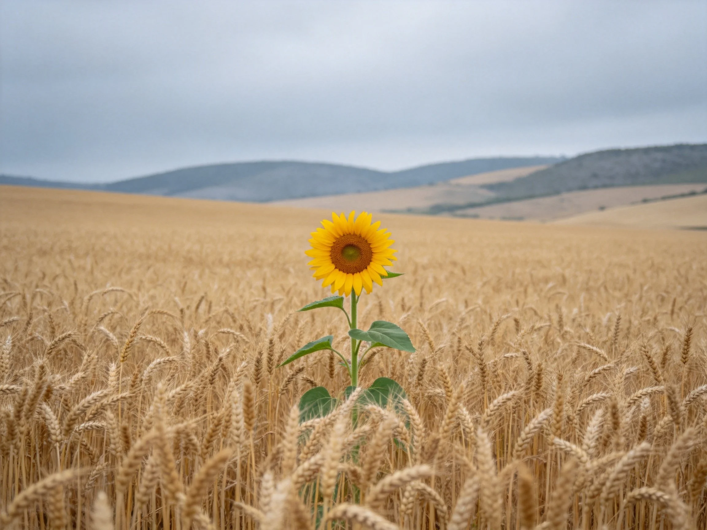 Single sunflower amid golden wheat fields with distant hills