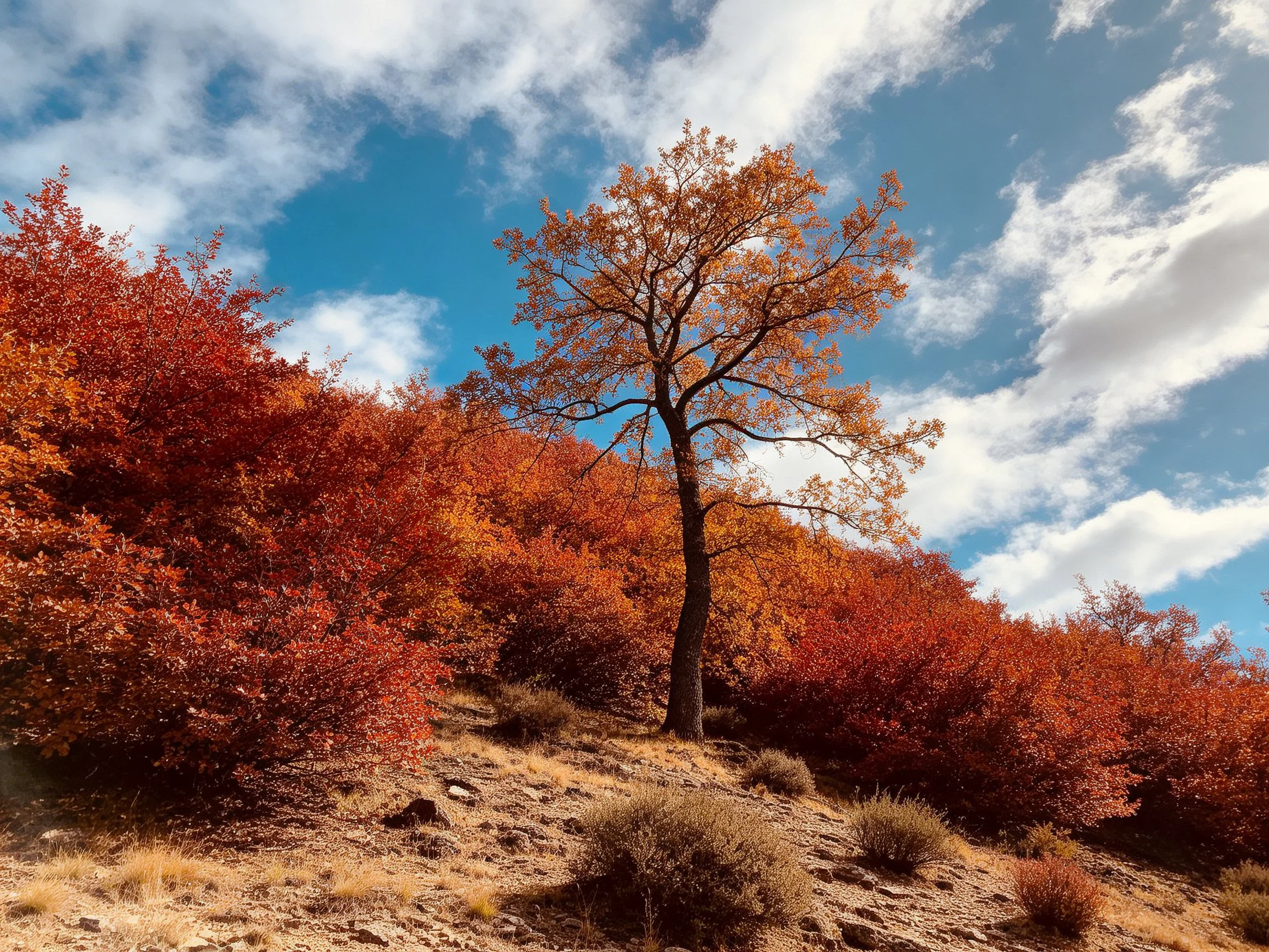 Single tree amidst vibrant autumn foliage on a sunny hillside