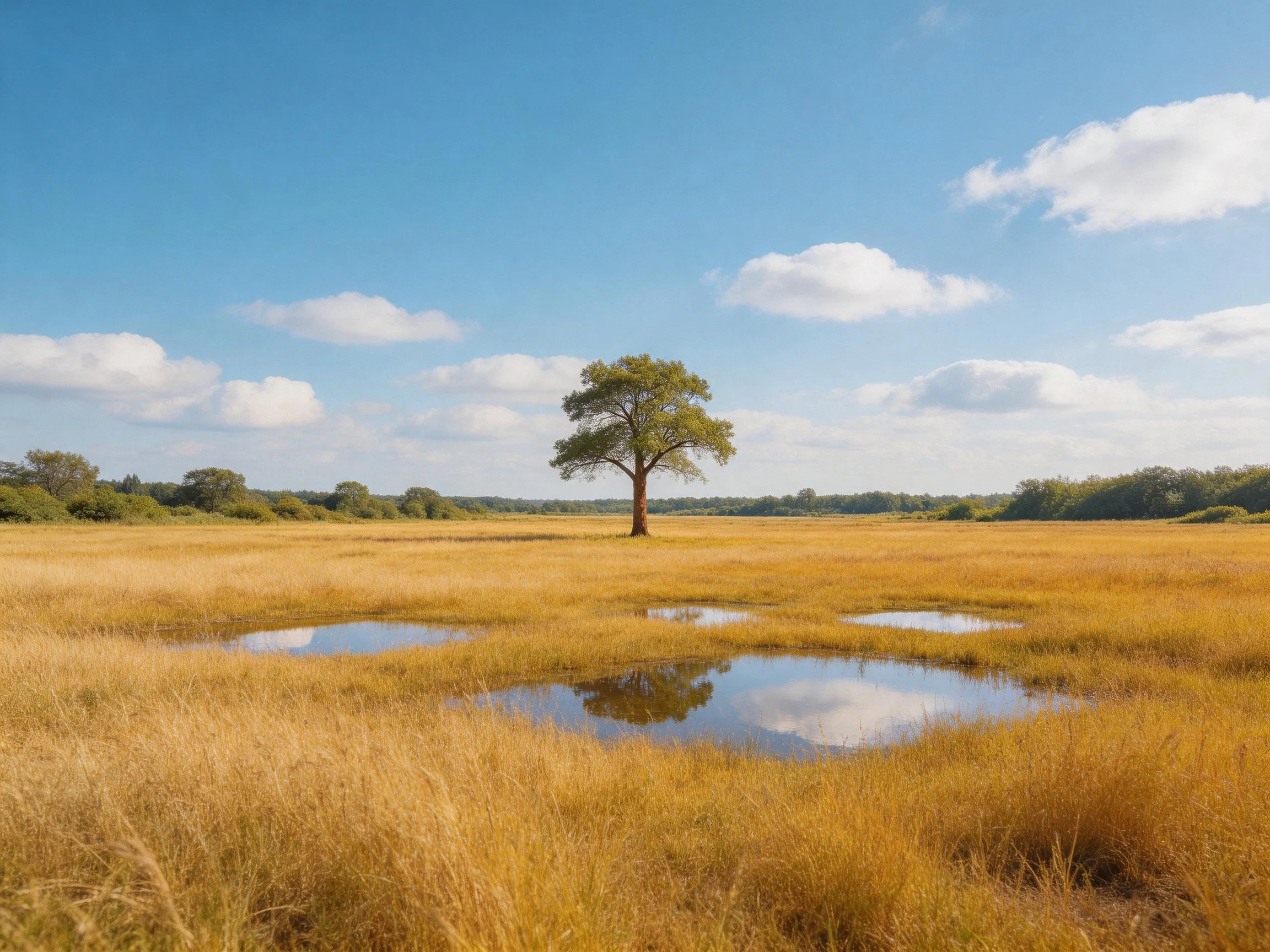 Single tree in golden wetlands with reflective puddles