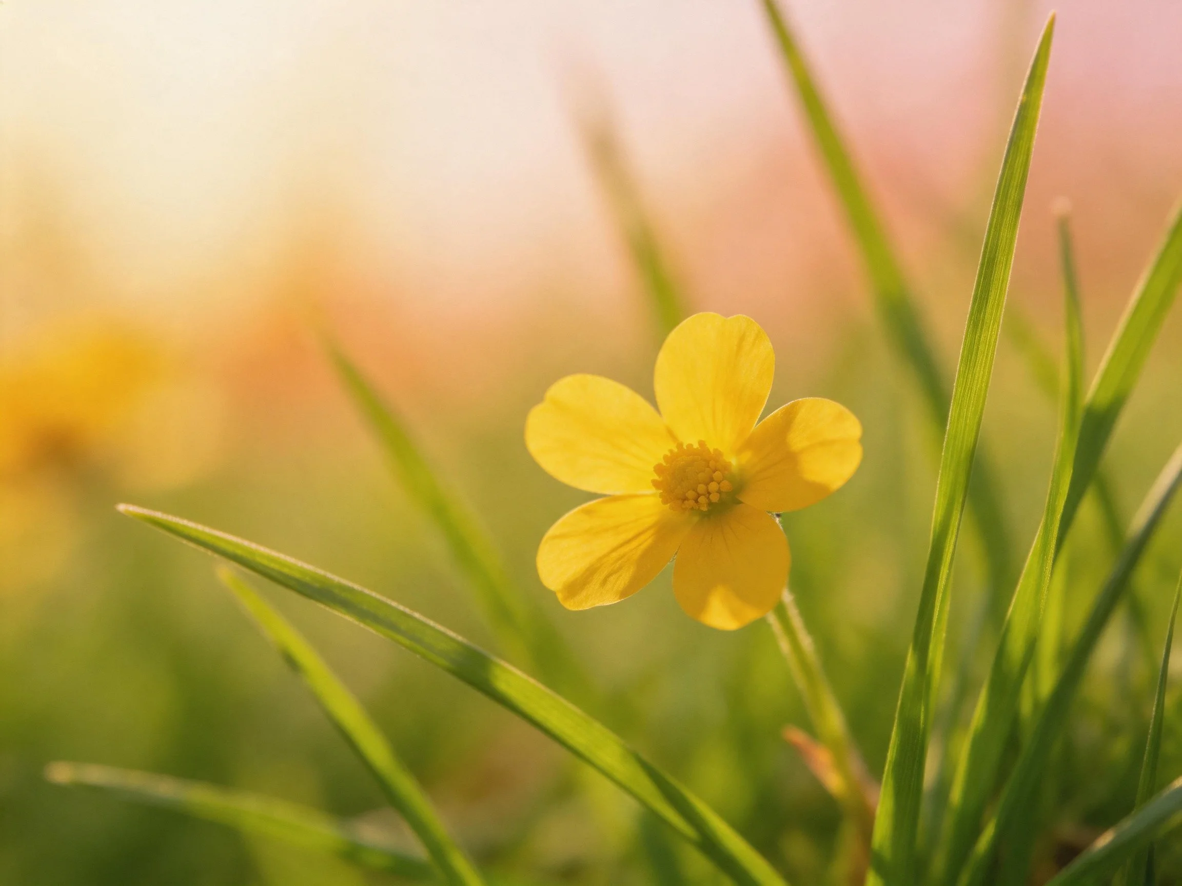 Single yellow flower nestled between lush green grass blades