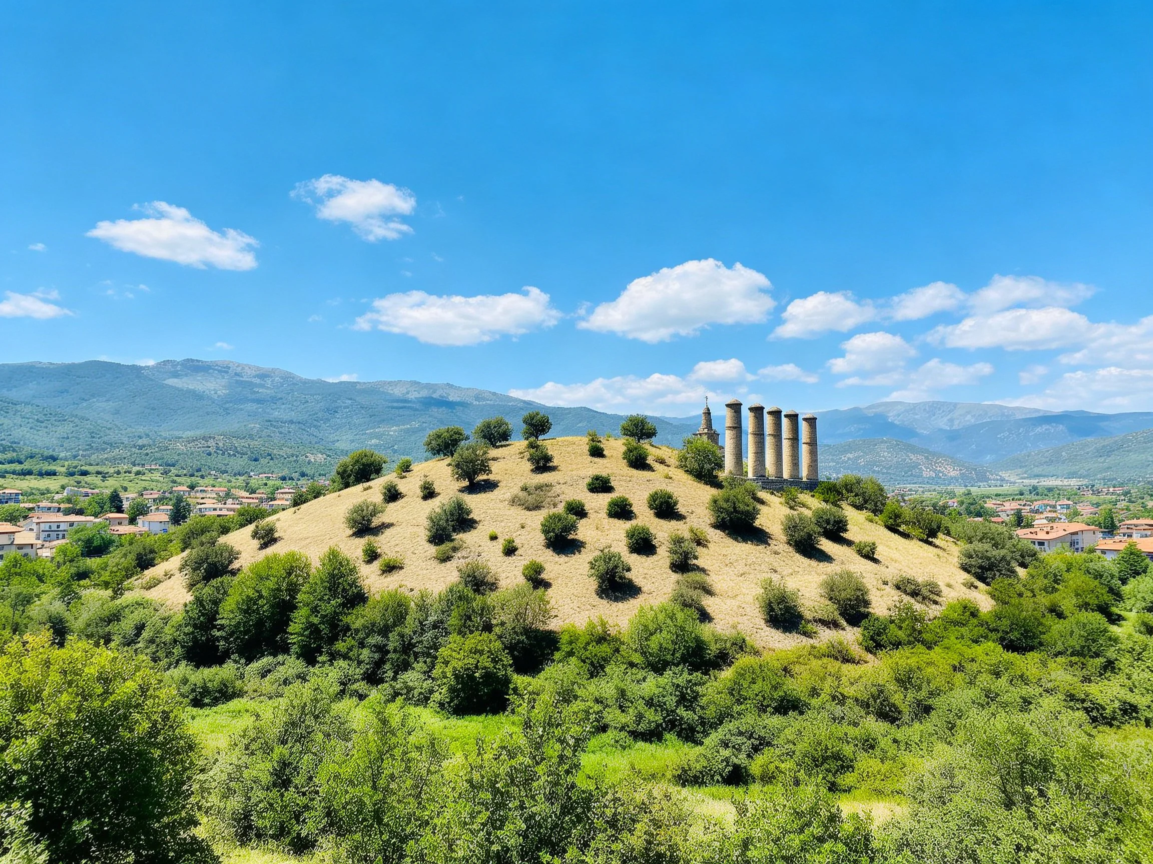 Six Ancient Columns on a Verdant Hill with a Town Below