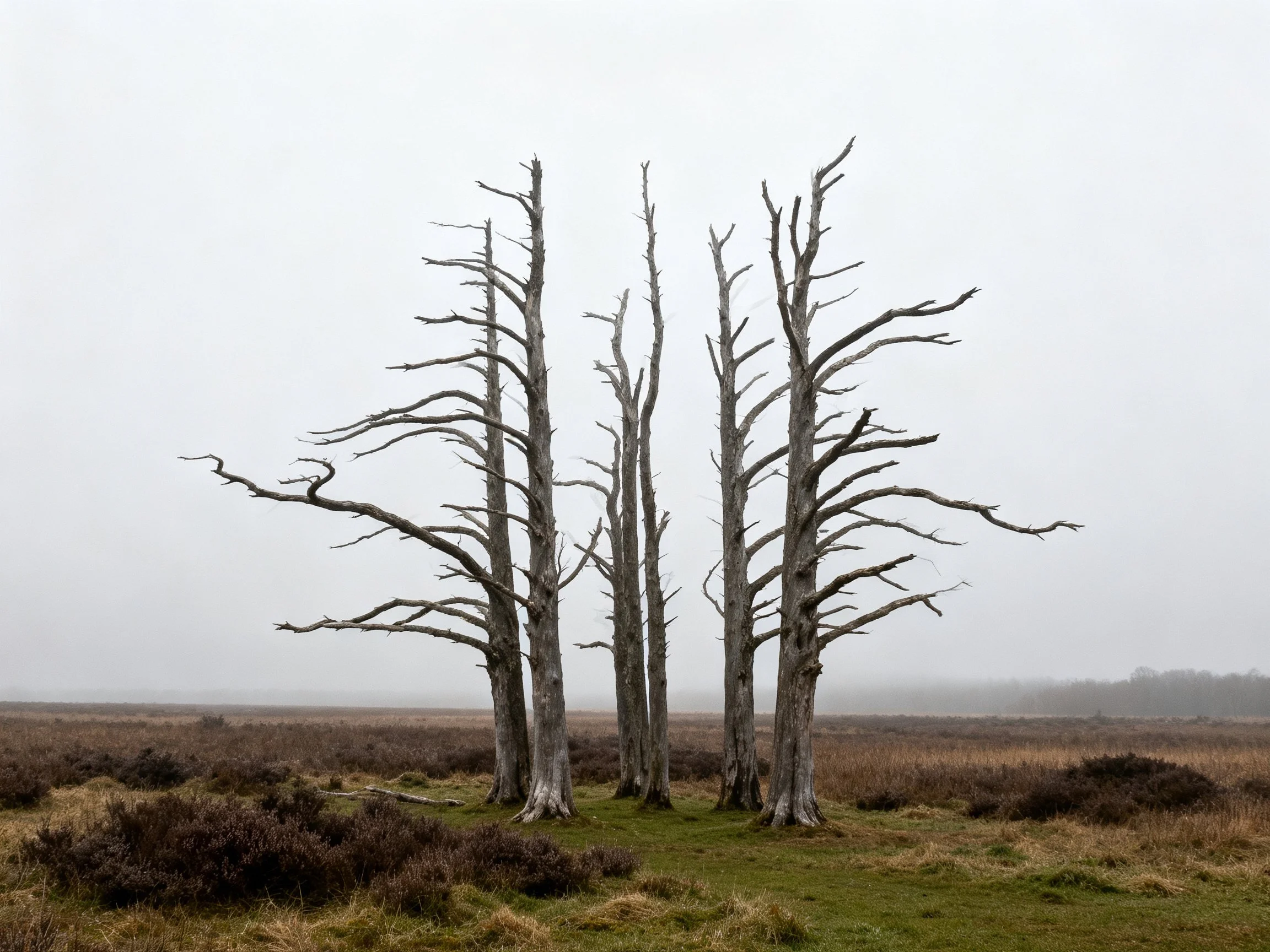 Six bare, gray tree trunks stand in a misty open field