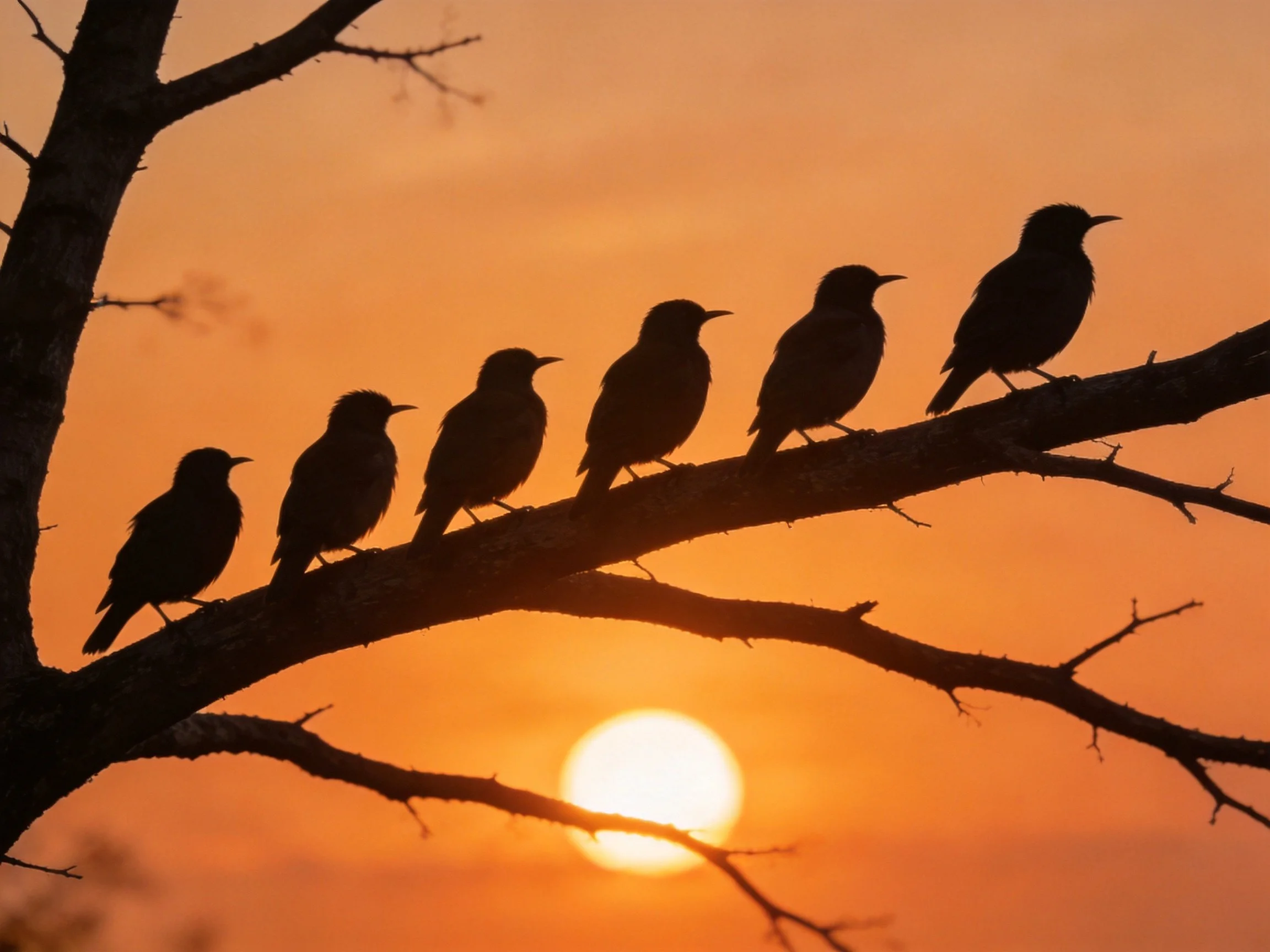 Six bird silhouettes perched on a dark tree branch during sunset