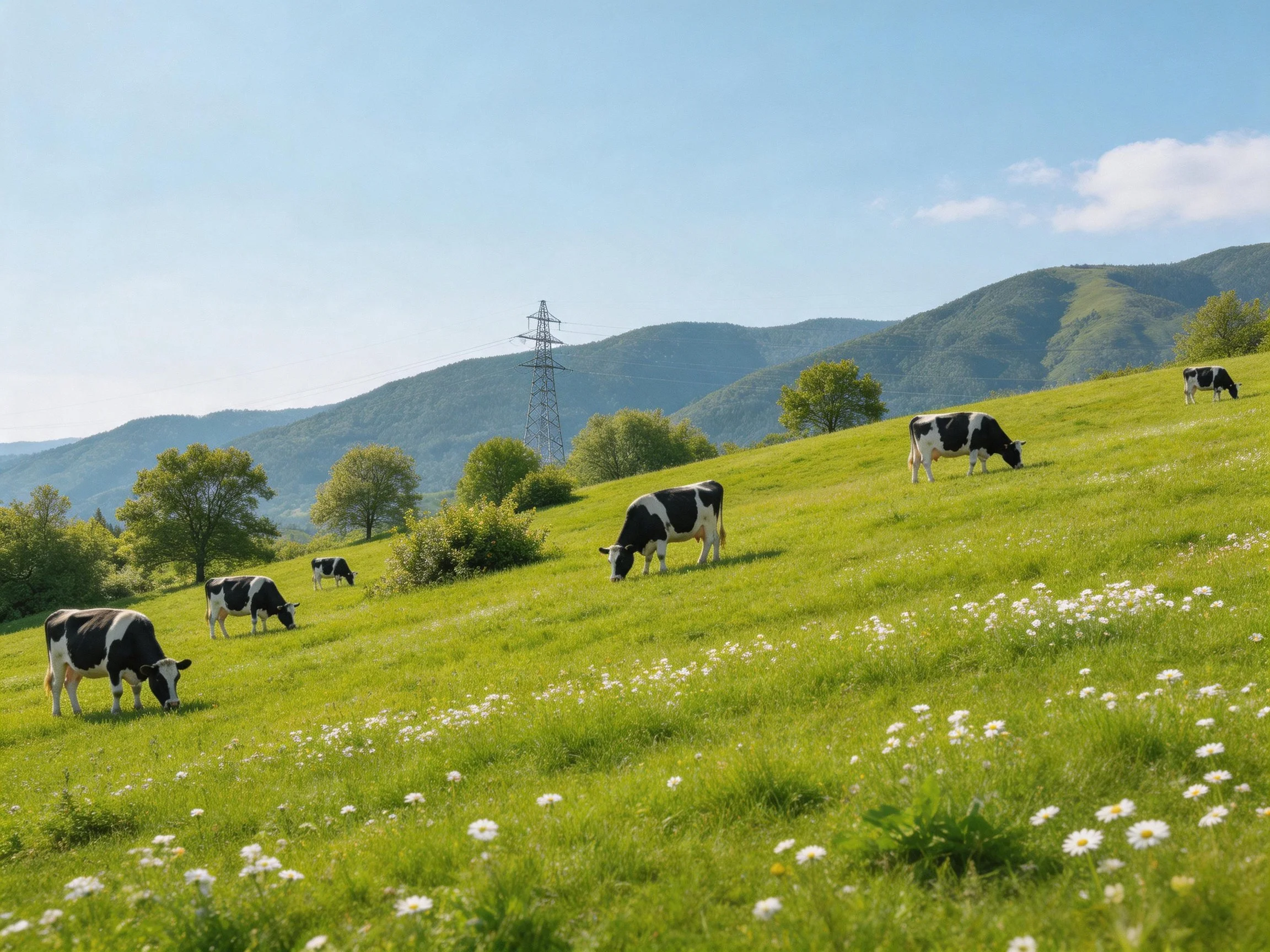 Six black-and-white cows graze on a lush green hillside with distant mountains.
