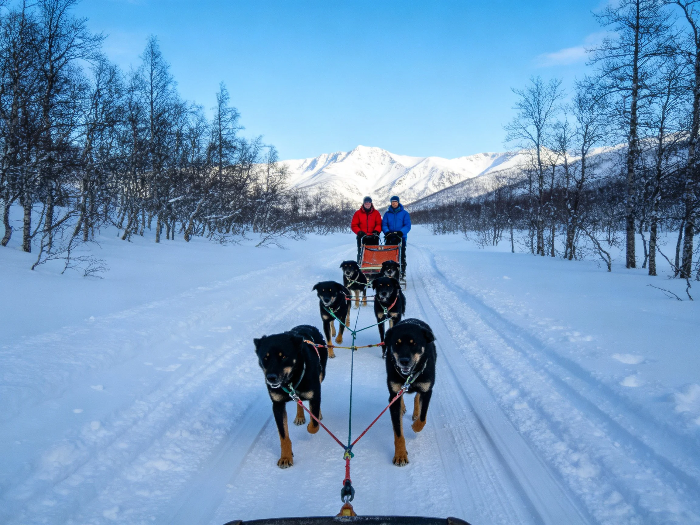 Six black sled dogs pull an orange sled with two people in snowy terrain.