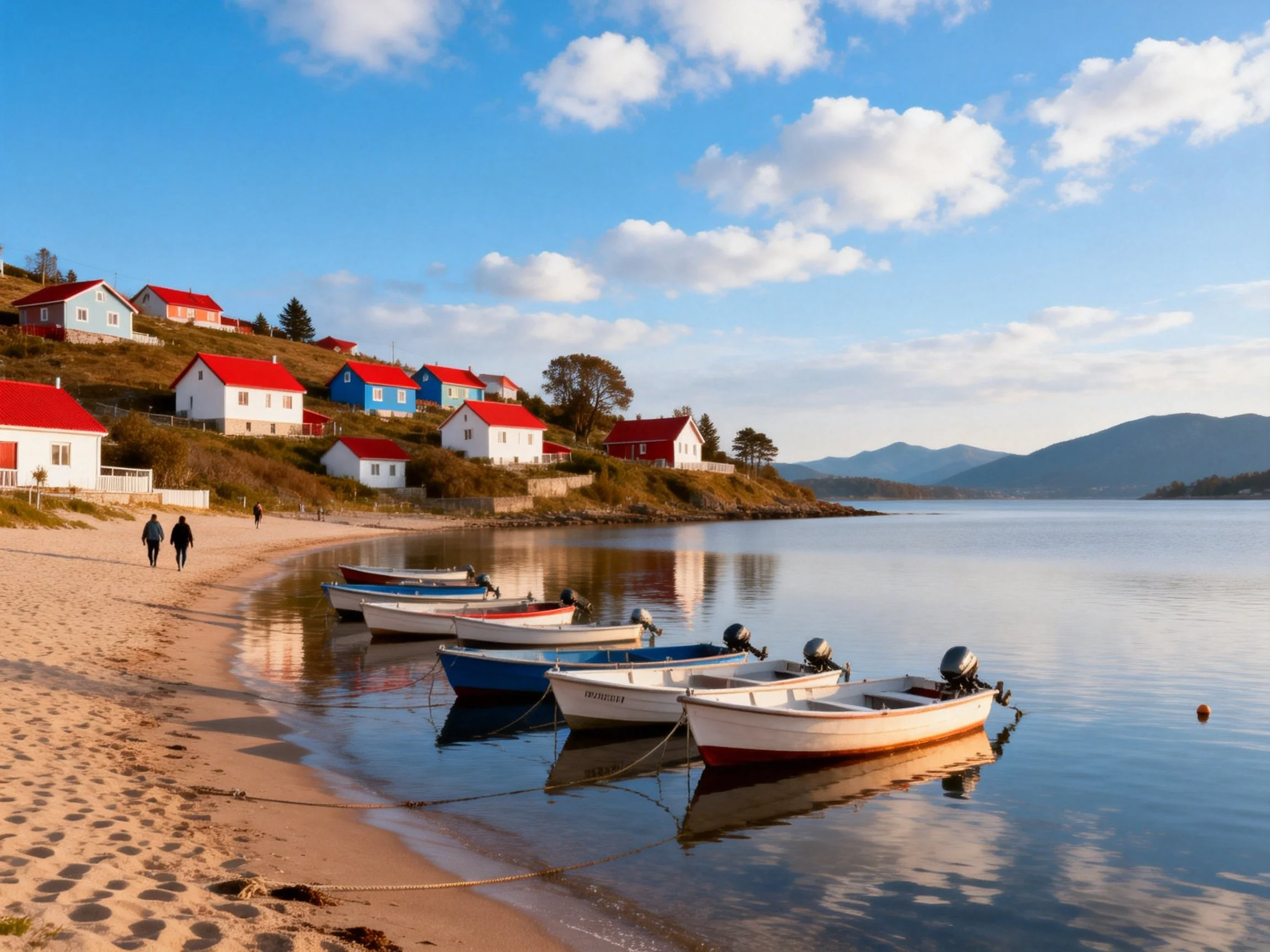 Six boats docked at a sandy beach with red-roofed cottages