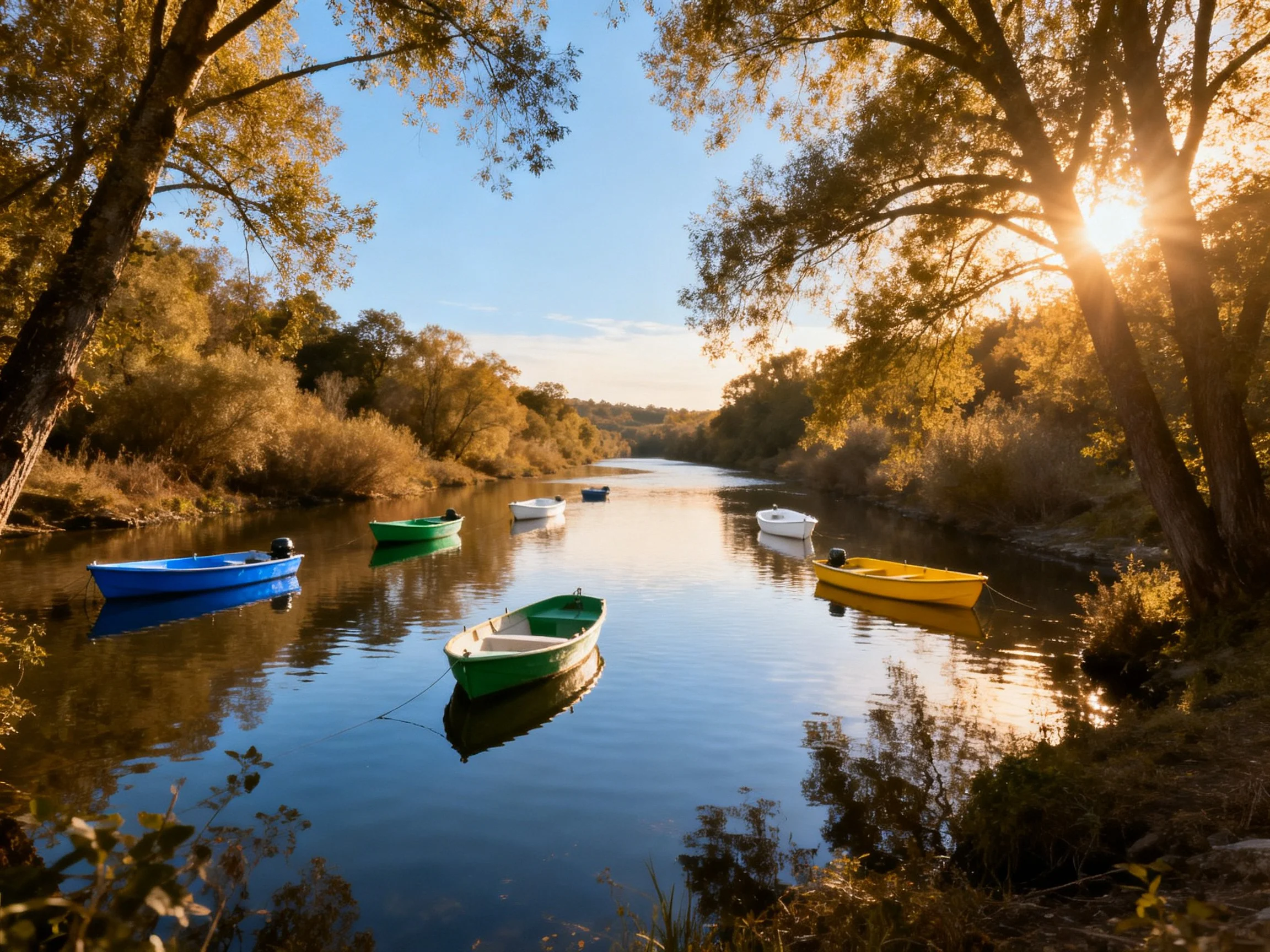 Six colorful boats float on a calm river amid golden-hued trees