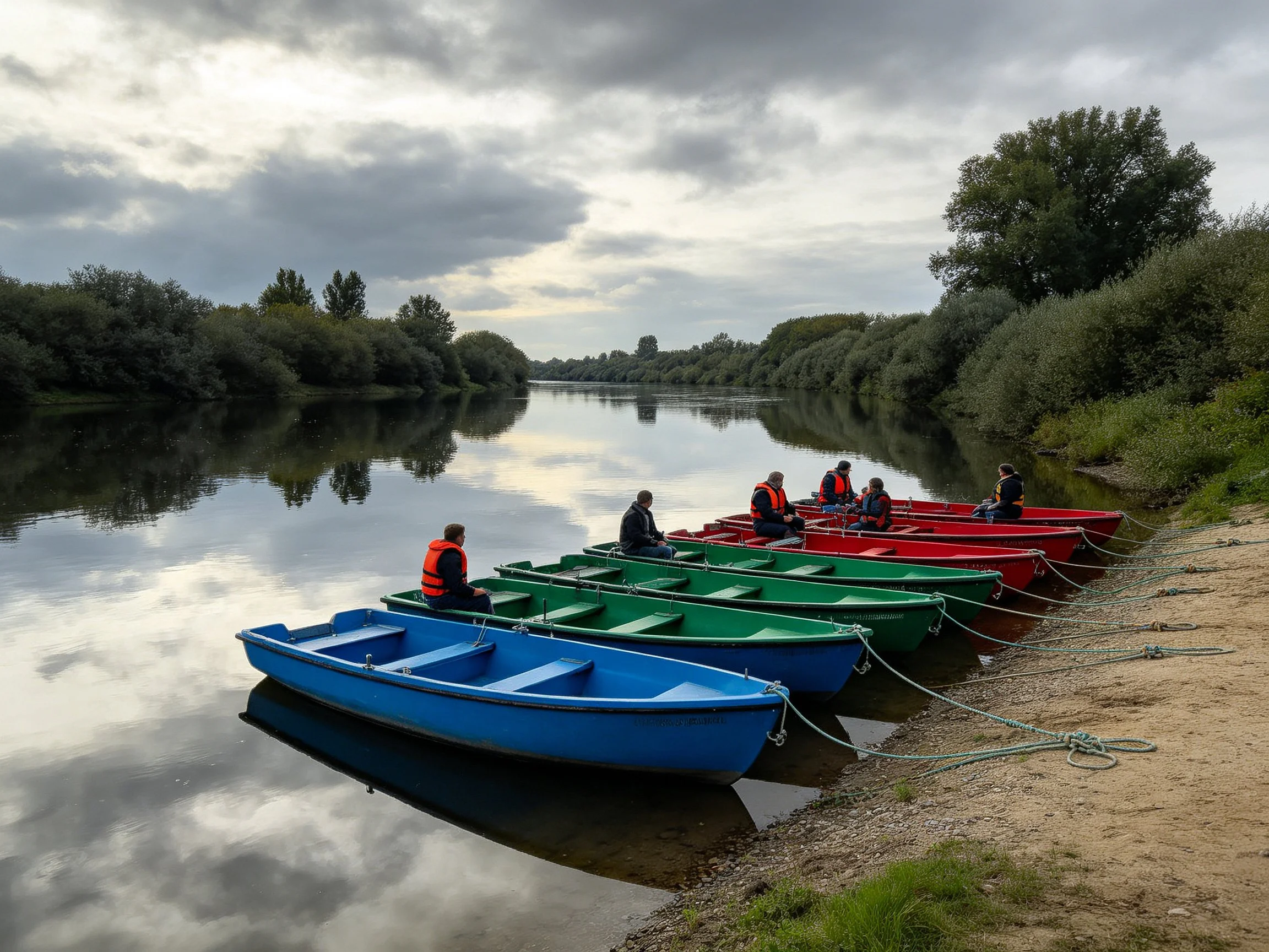 Six colorful boats moored by a calm riverbank