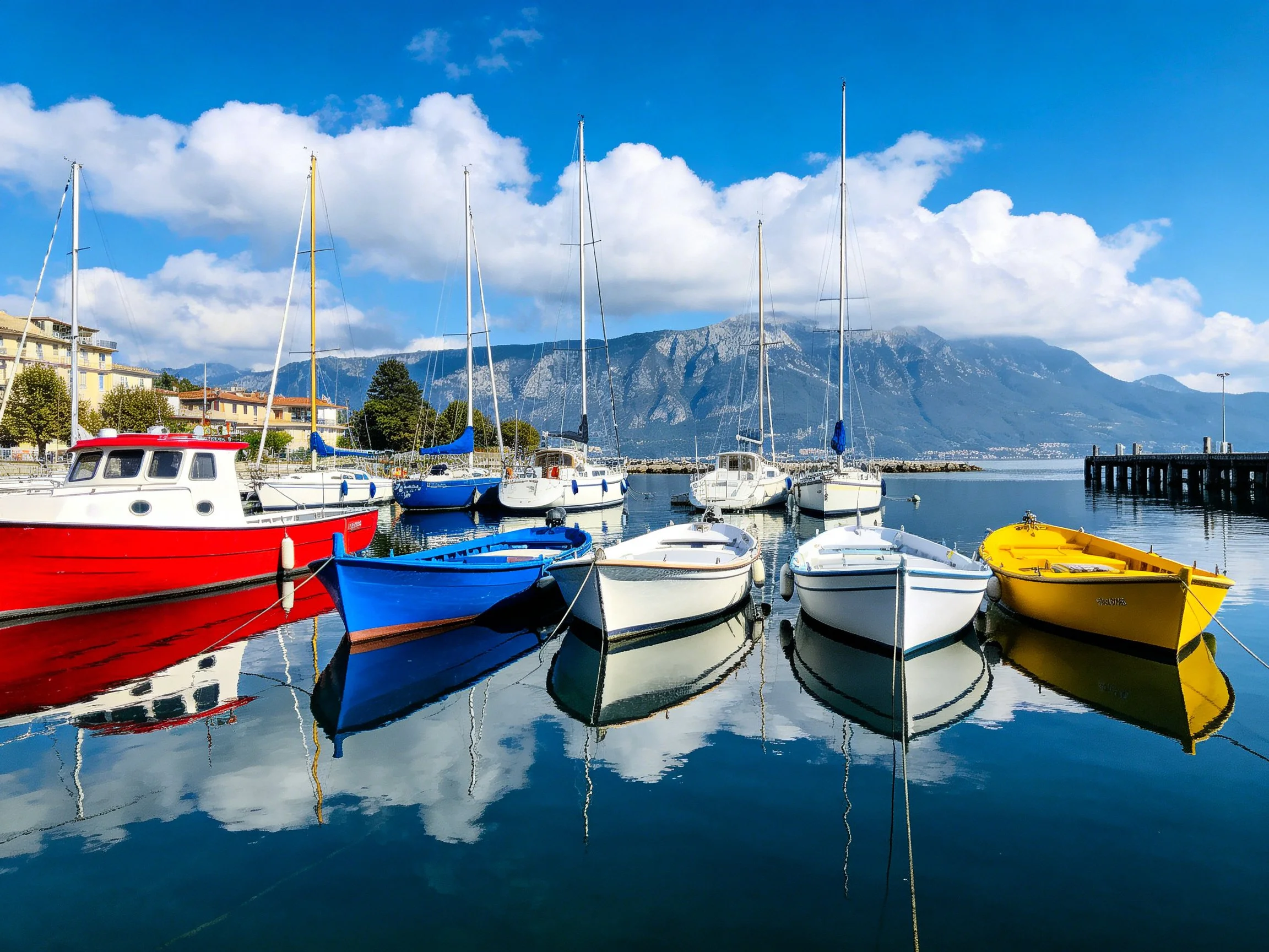 Six colorful boats moored in a serene harbor with mountain backdrop