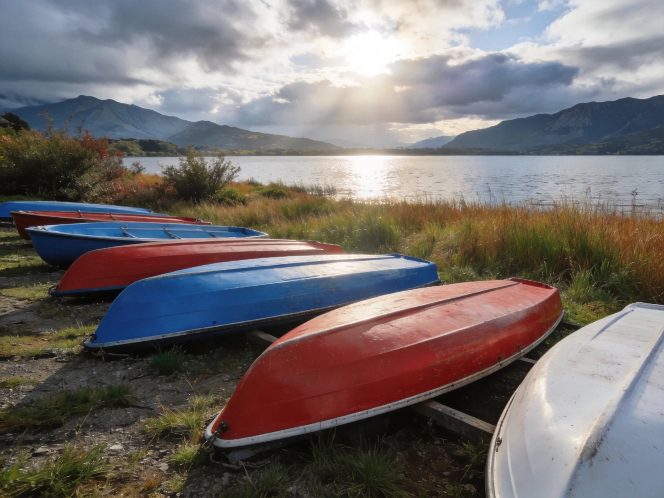 Six colorful boats rest by a serene lake with mountain backdrop.