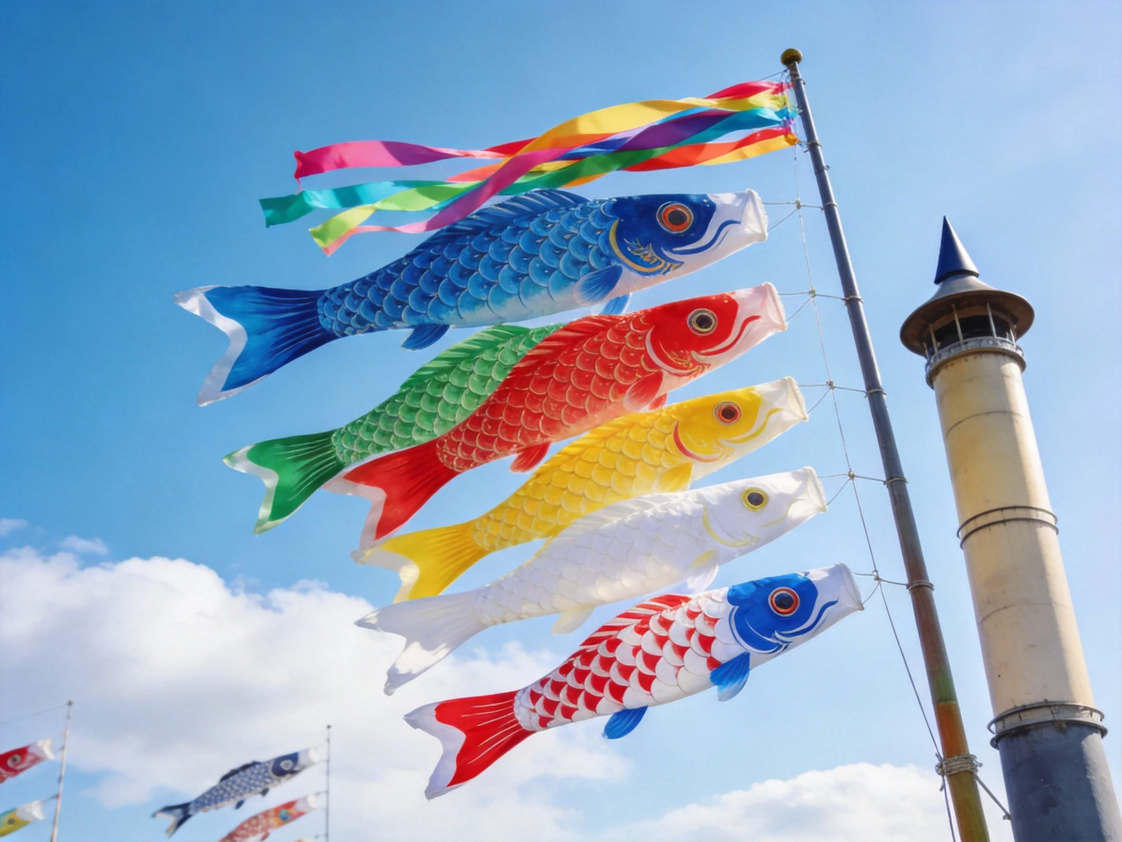 Six colorful carp streamers hang near a tall tower under sunny skies