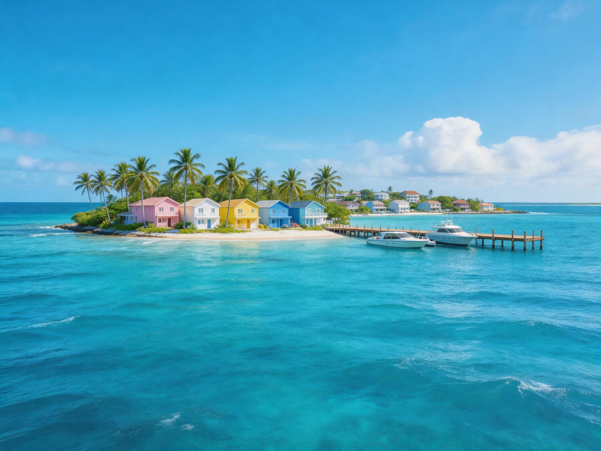Six colorful homes on a tropical island with palm trees