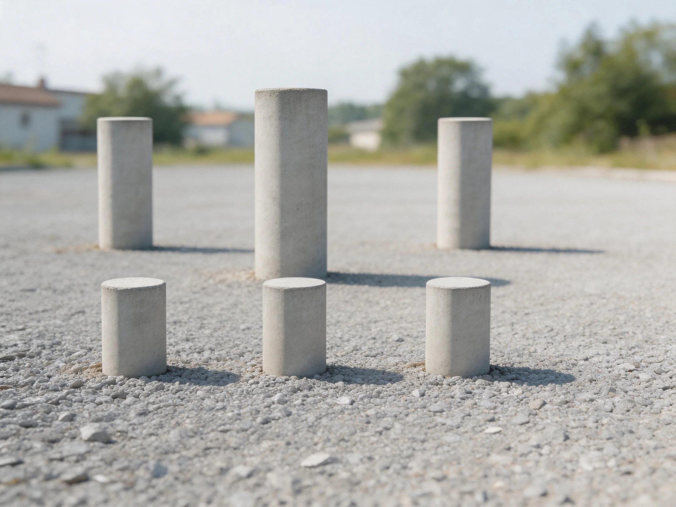 Six concrete cylinders of varying heights on gravel pavement
