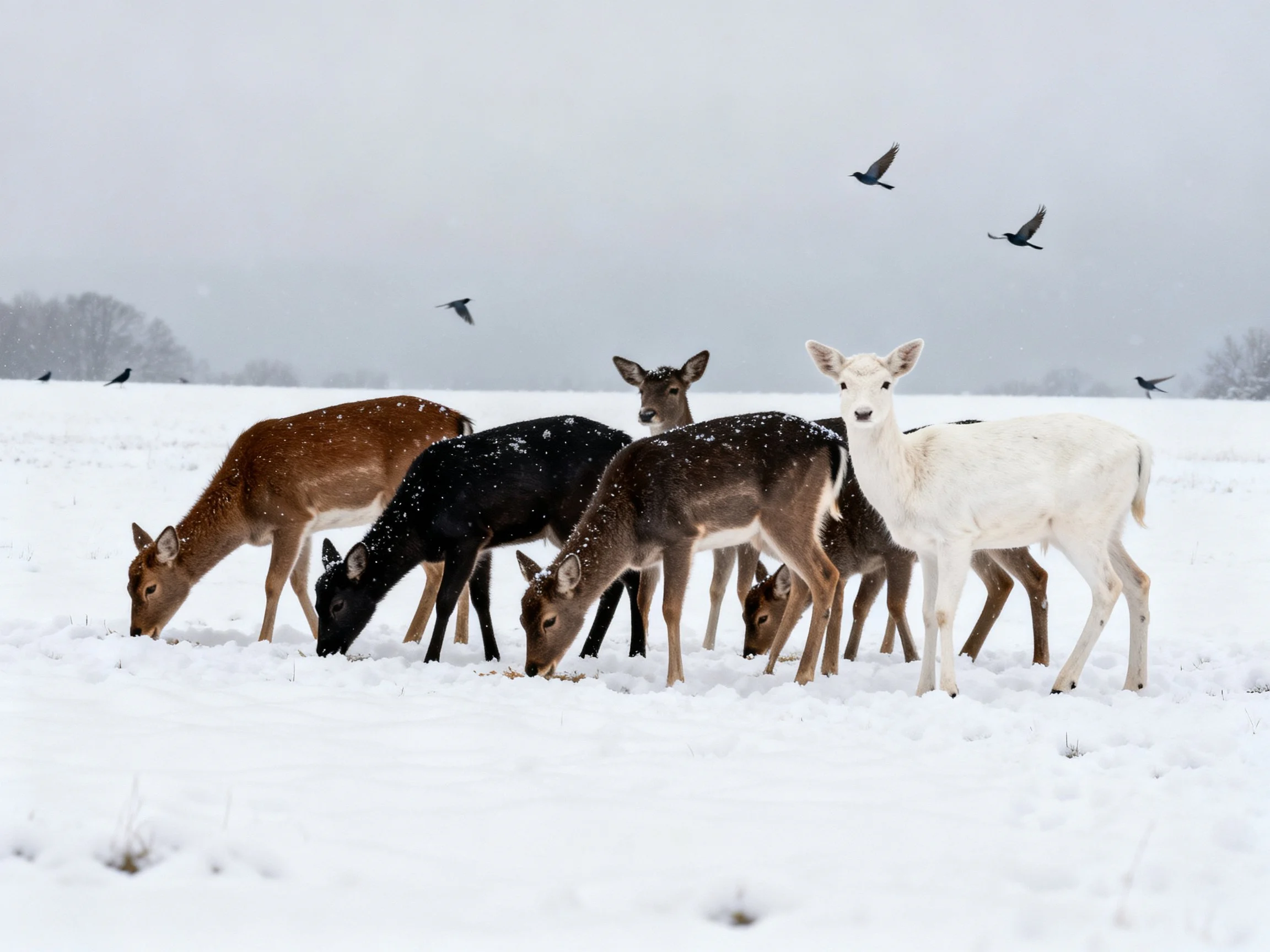 Six deer of varied hues graze in a snowy expanse with birds