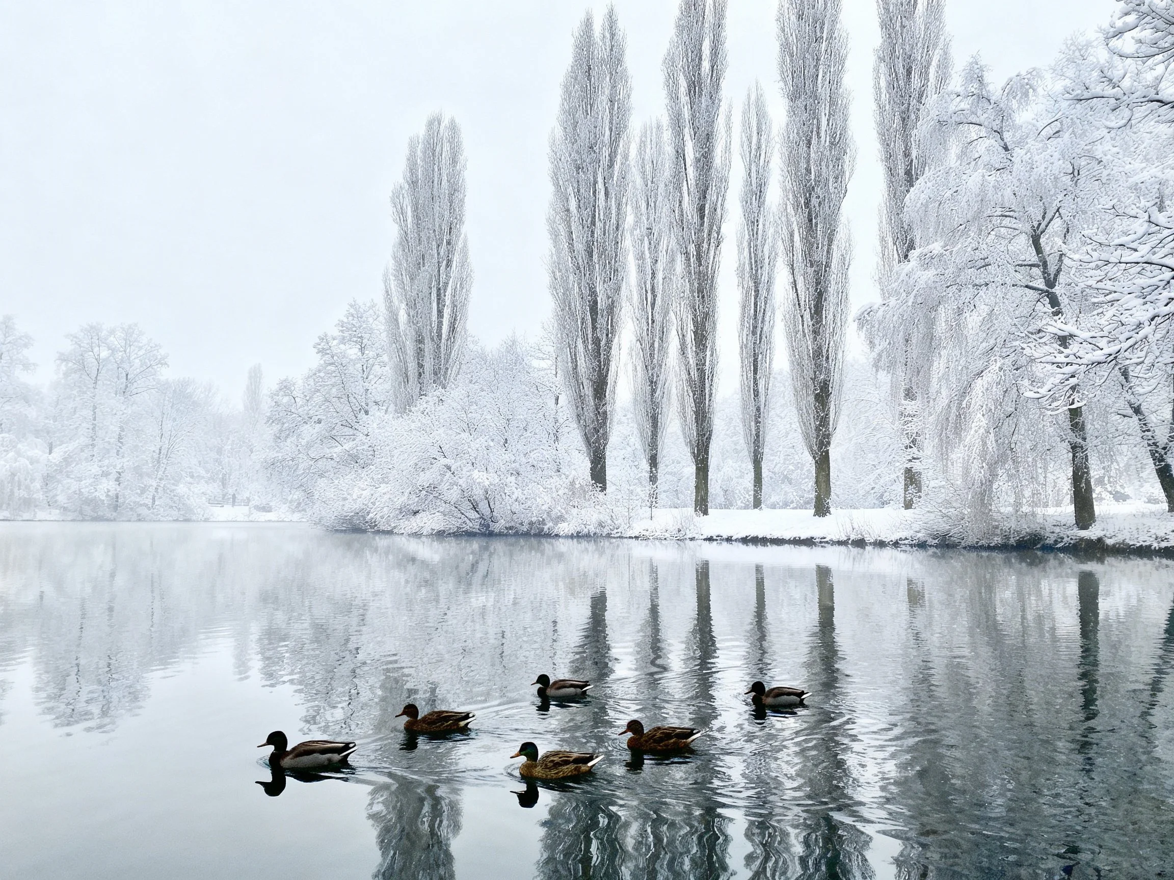 Six ducks swim in a snow - covered lake near tall frosty trees