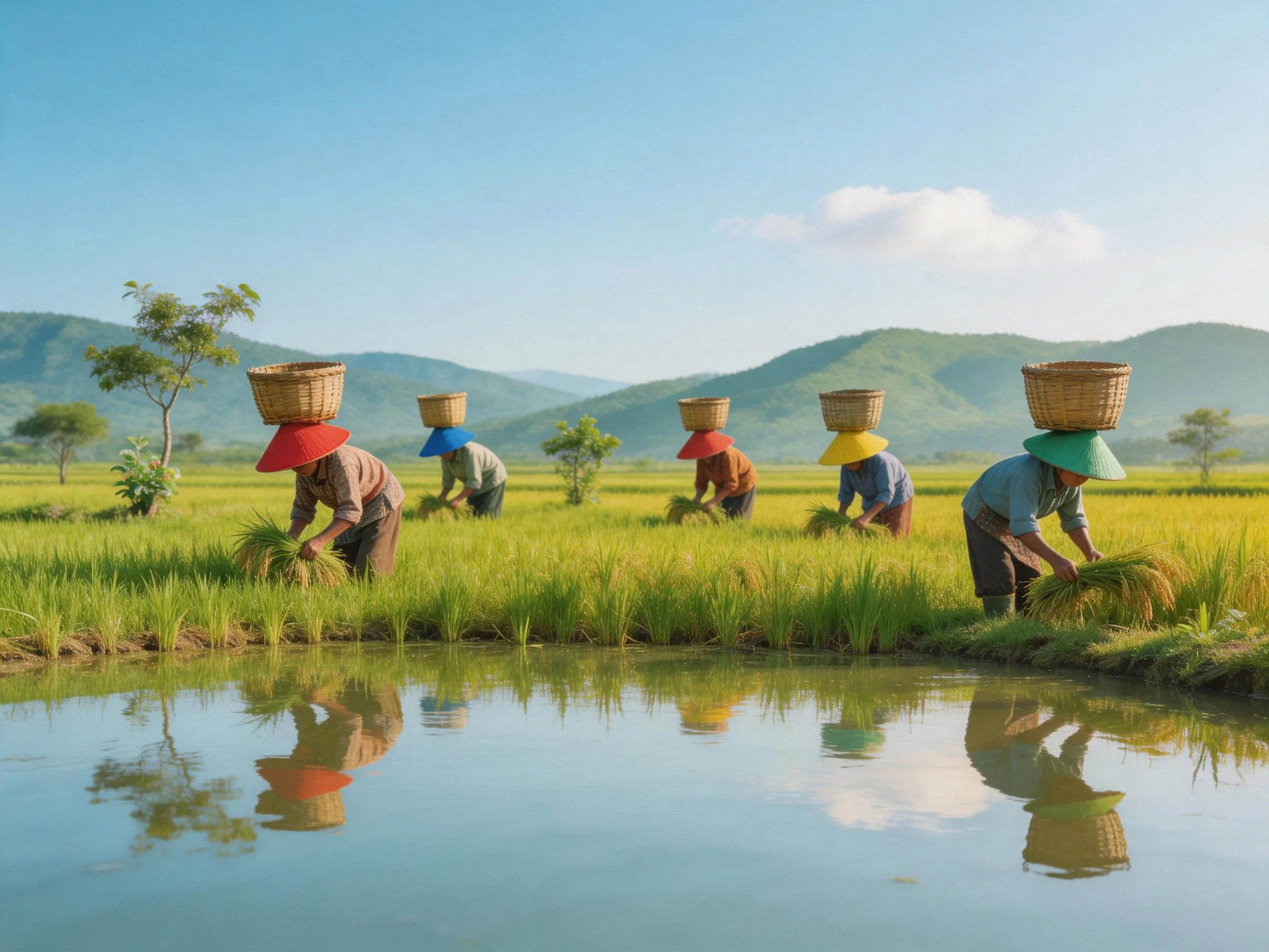 Six farmers harvest rice with colorful baskets in green paddies