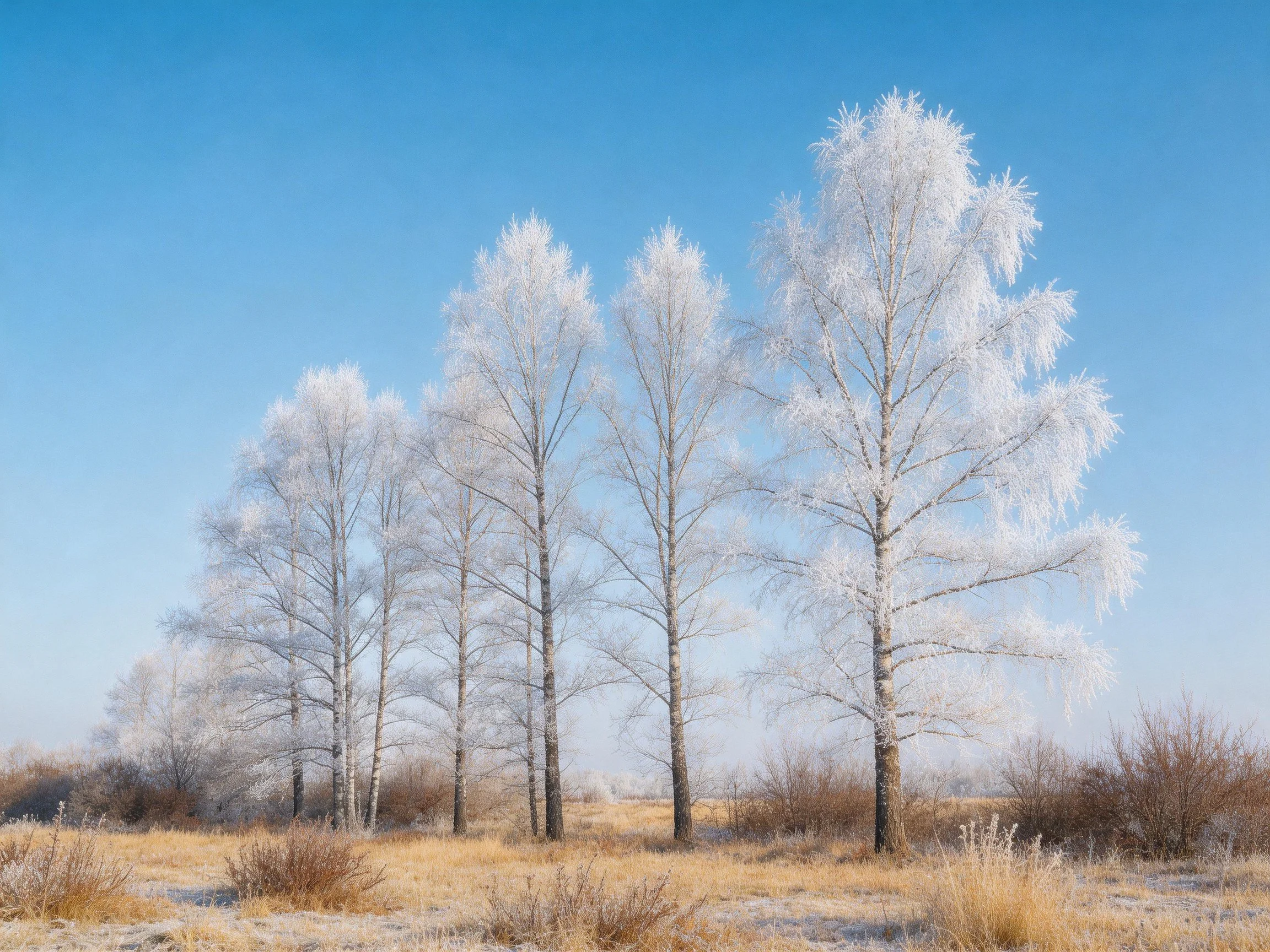 Six frosted birch trees against clear blue winter sky