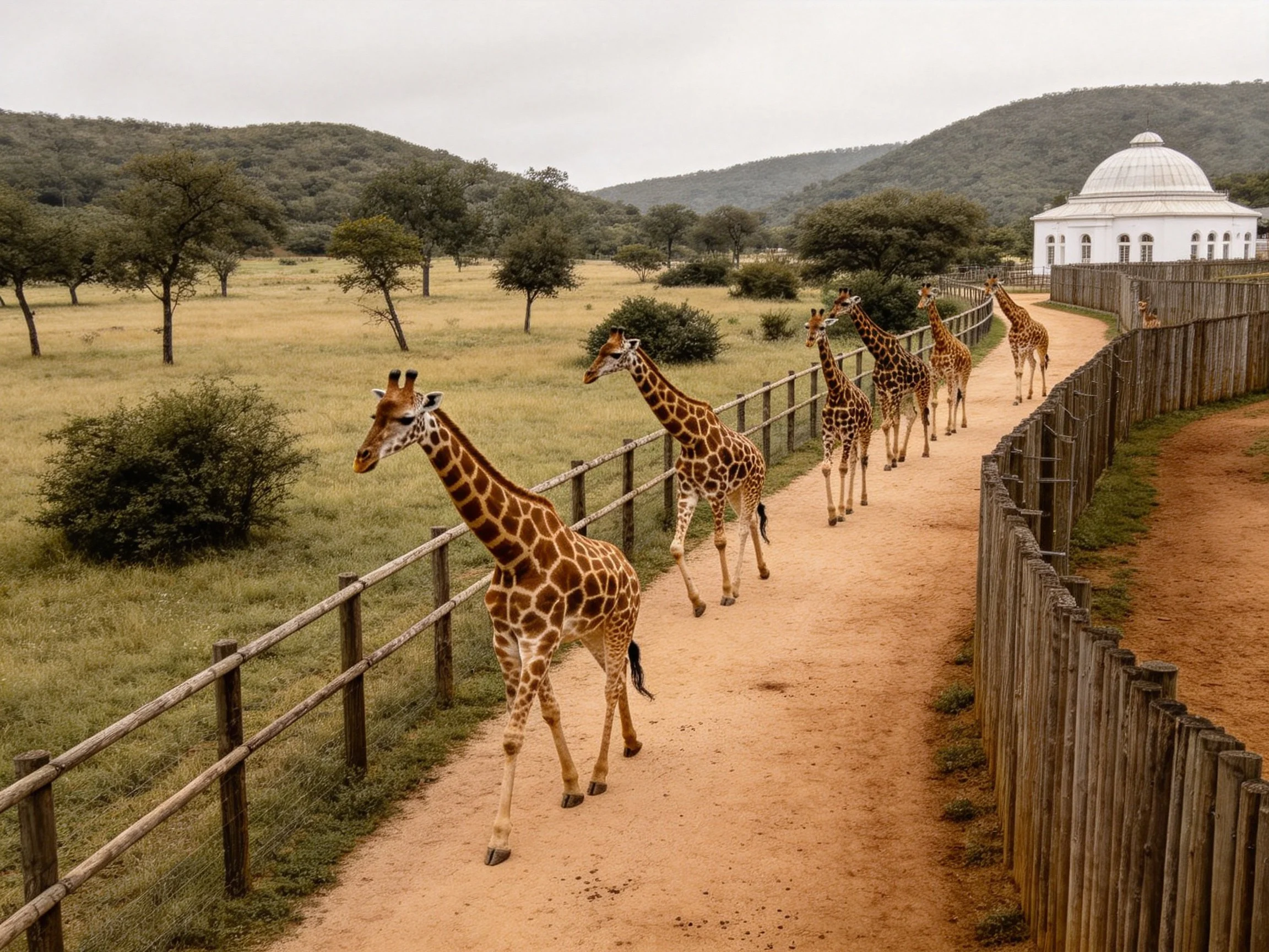 Six giraffes walk along a fenced dirt path near white domed building