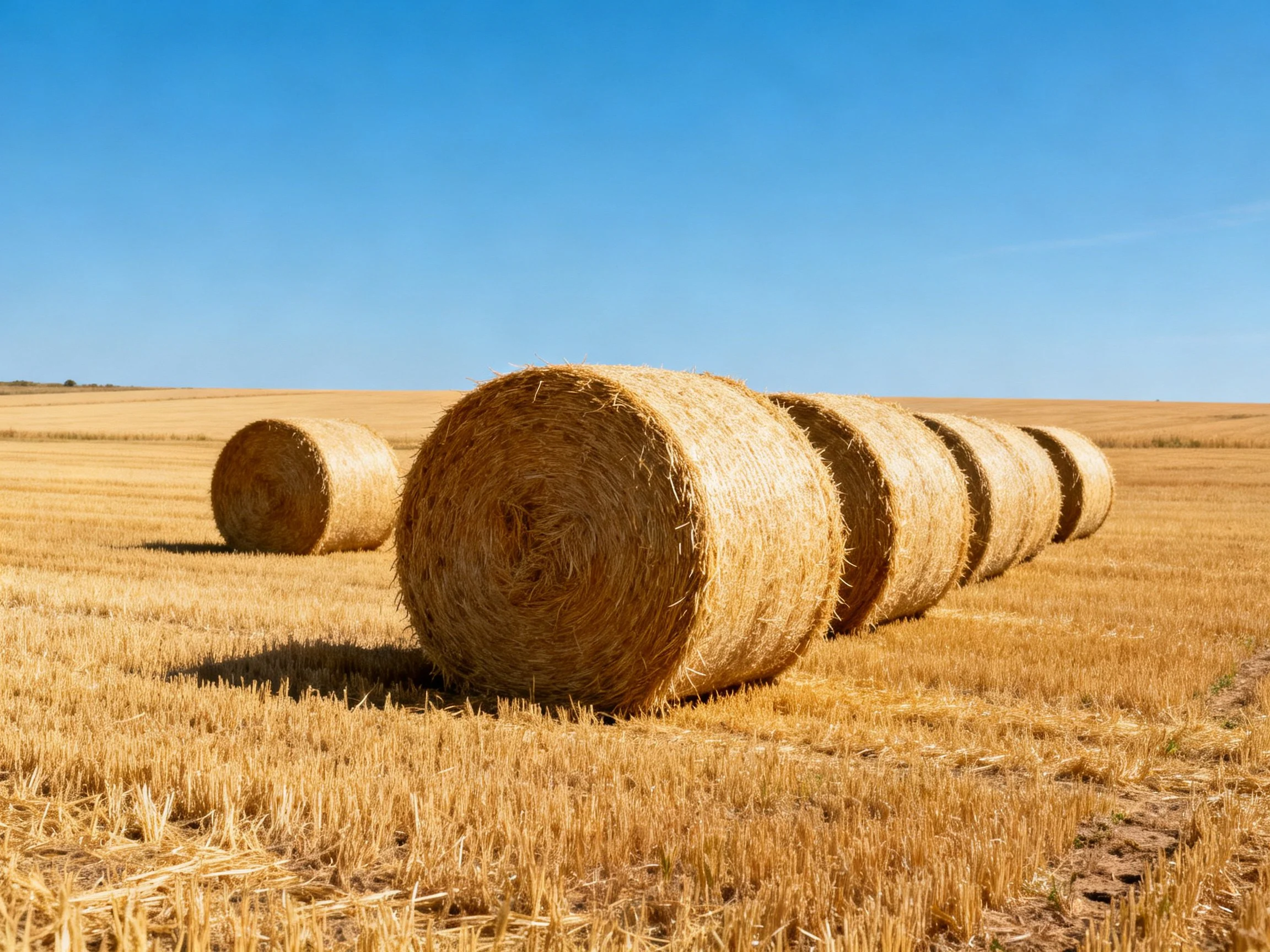 Six golden hay bales scattered across a harvested field under bright blue sky