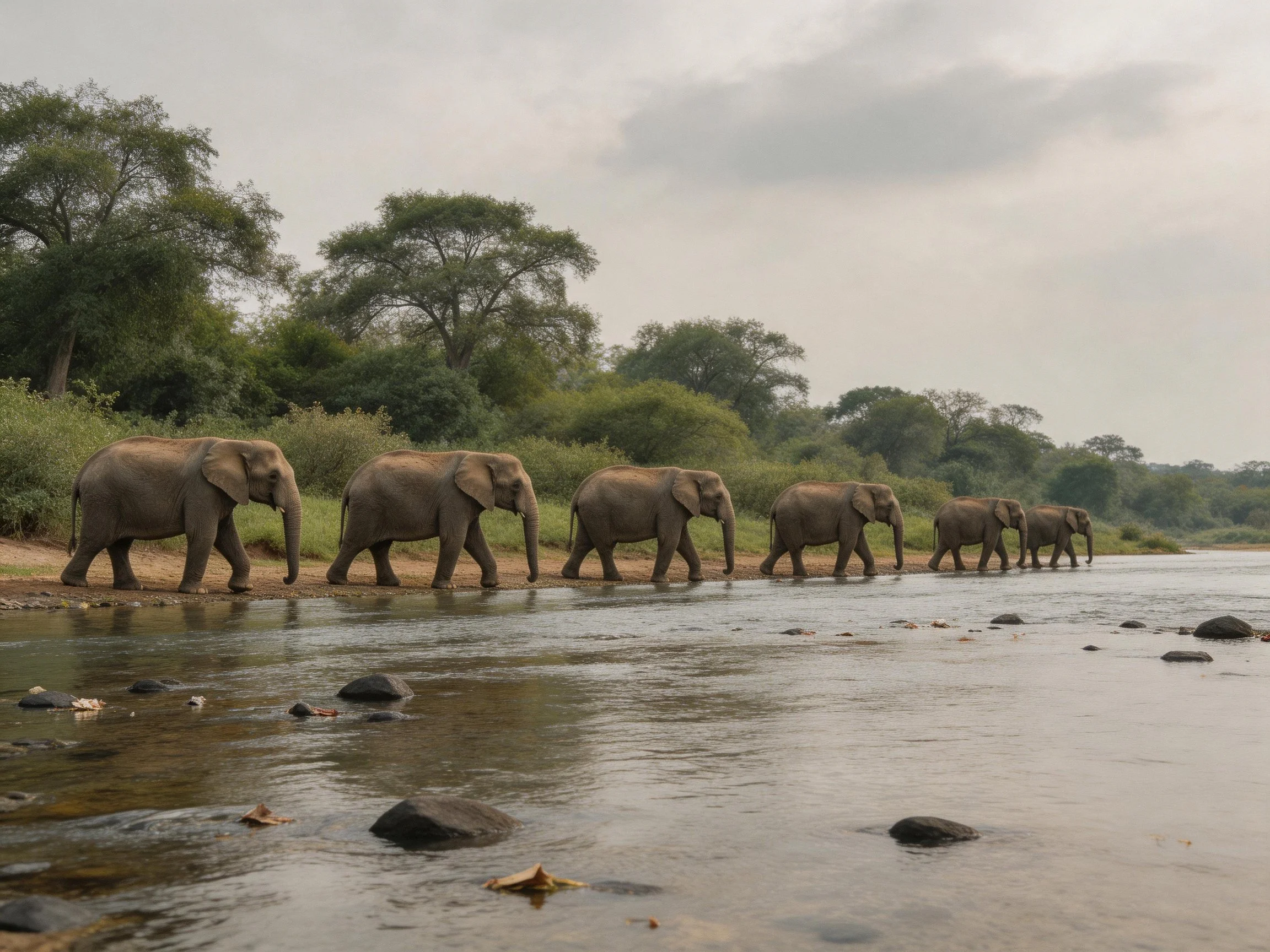 Six gray elephants cross a shallow brown river near green foliage