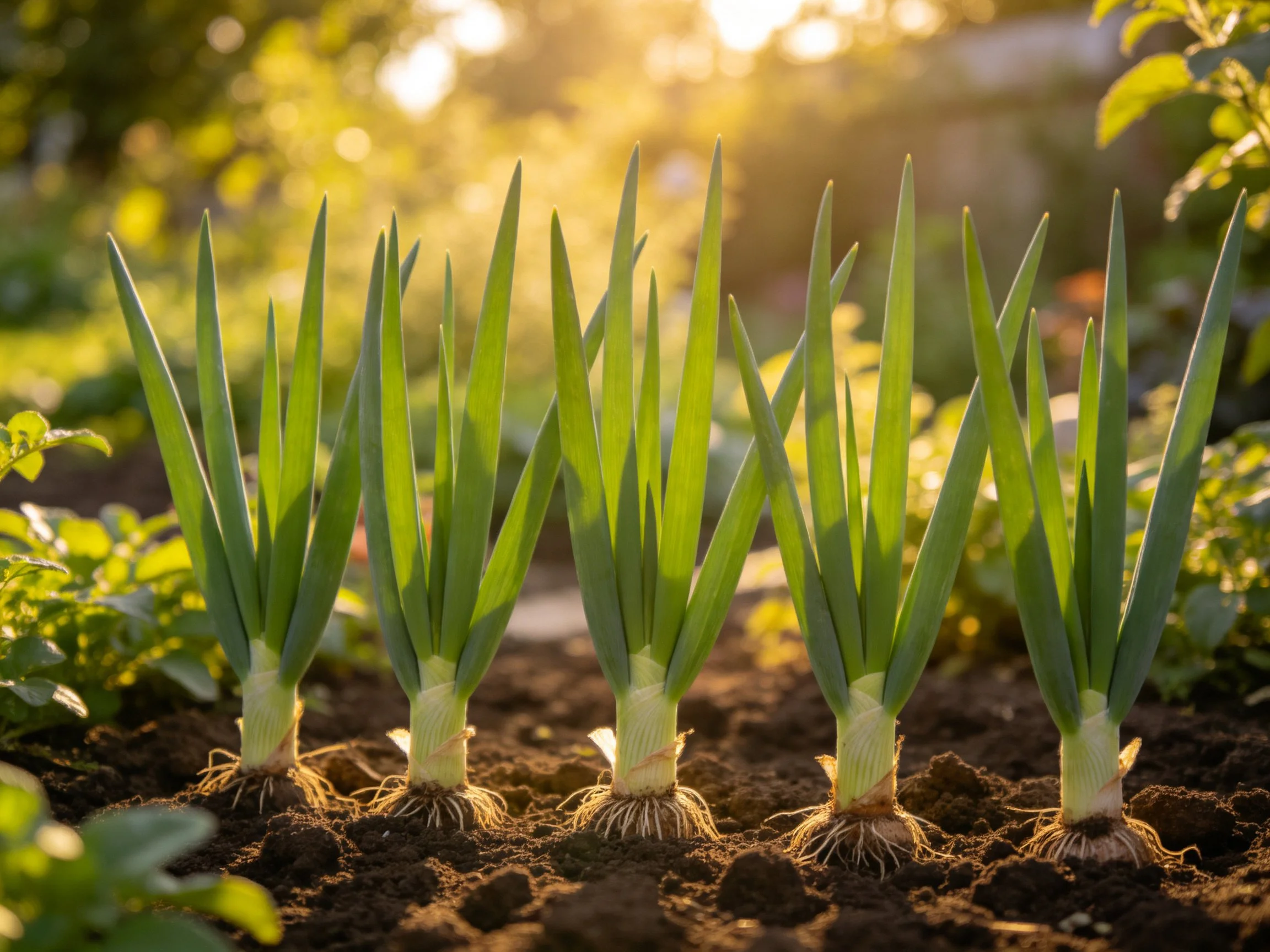 Six green onion plants growing in sunlit garden soil