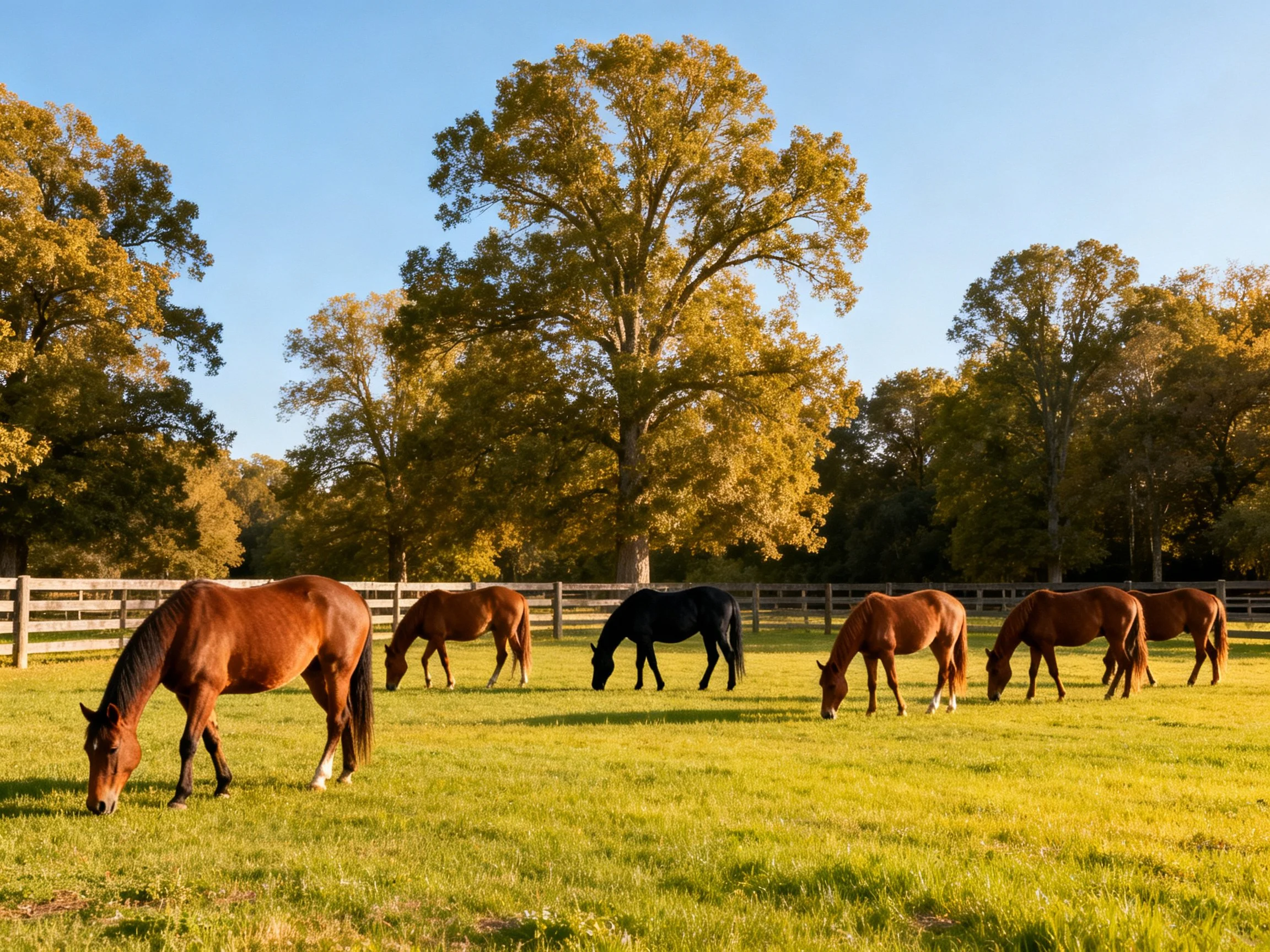 Six horses graze in a sunlit fenced pasture with golden trees