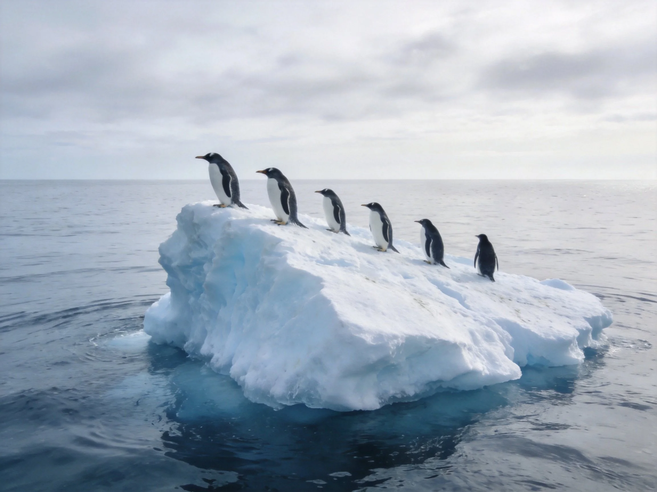 Six penguins on a snow - covered iceberg floating on water