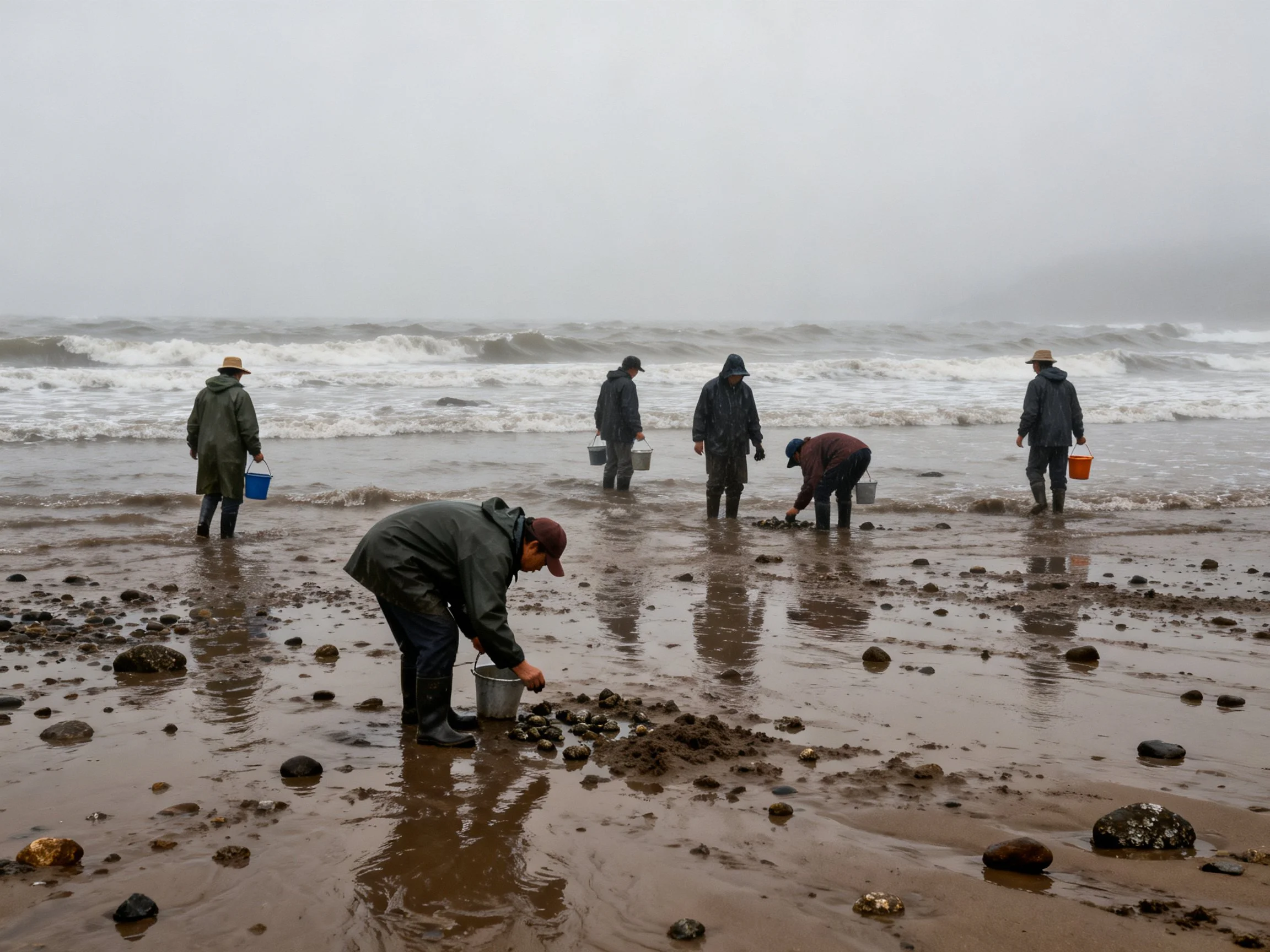 Six people collecting shells on a wet, rocky shoreline under gray skies.