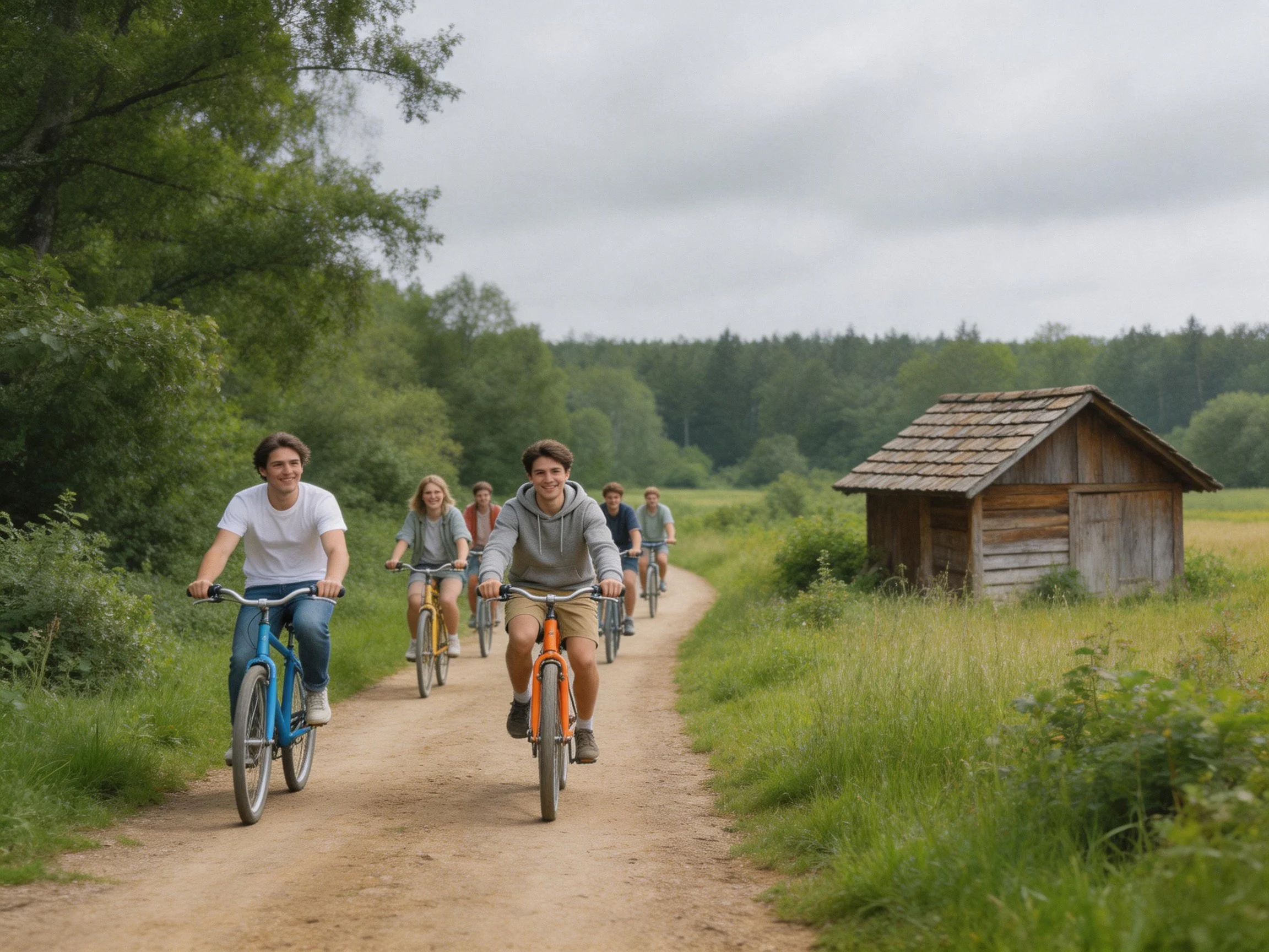 Six people cycle along a dirt path near a wooden shed