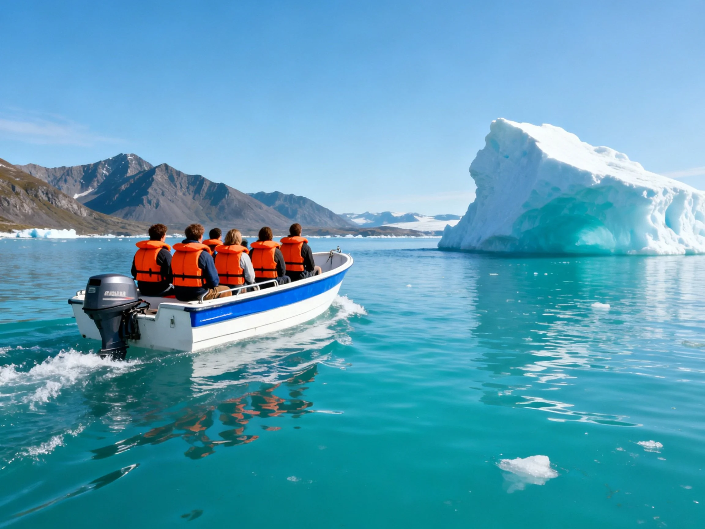 Six people in orange life vests travel on a small motorboat toward a massive iceberg.