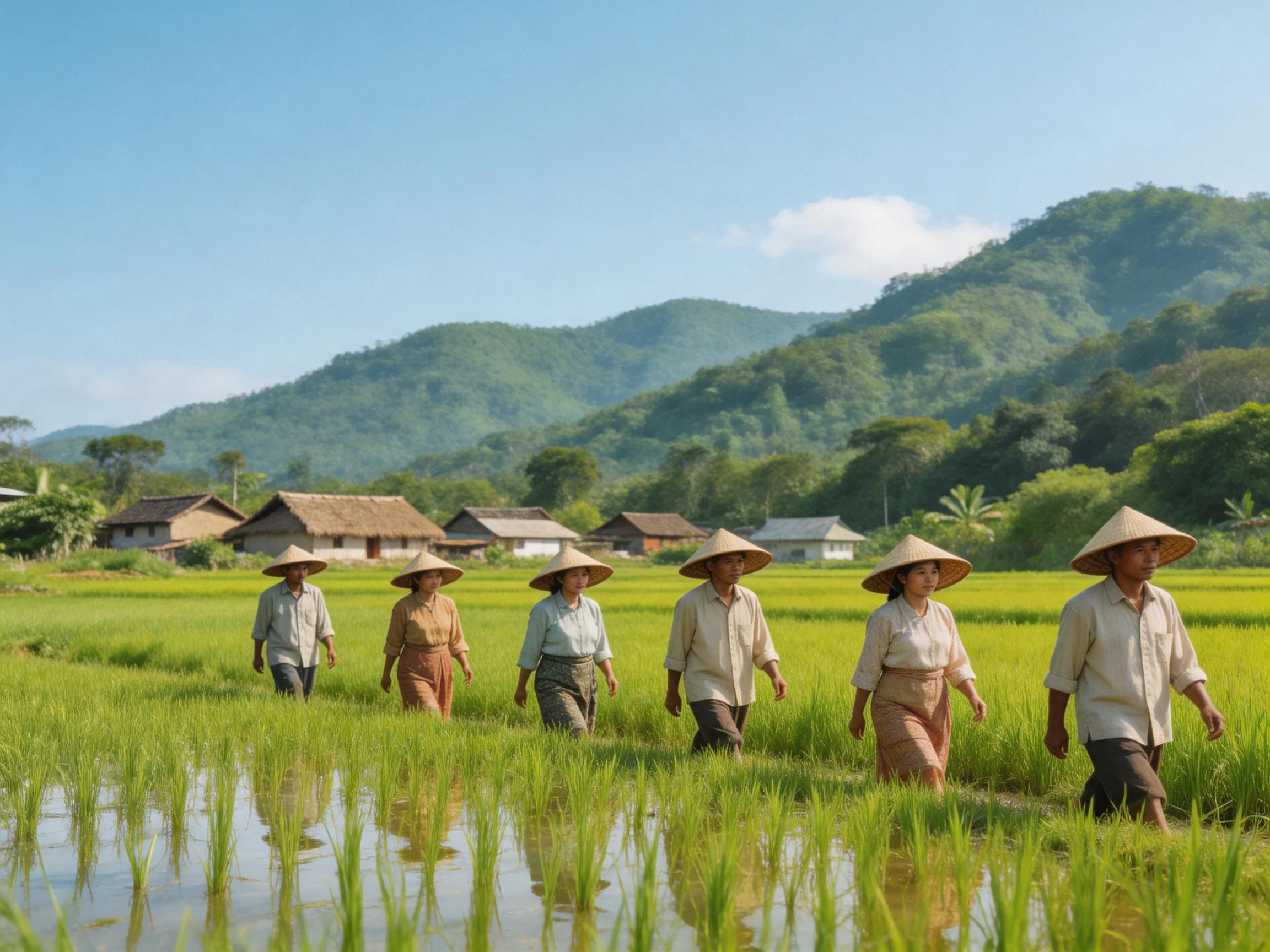 Six people in through green rice paddies near mountain villages