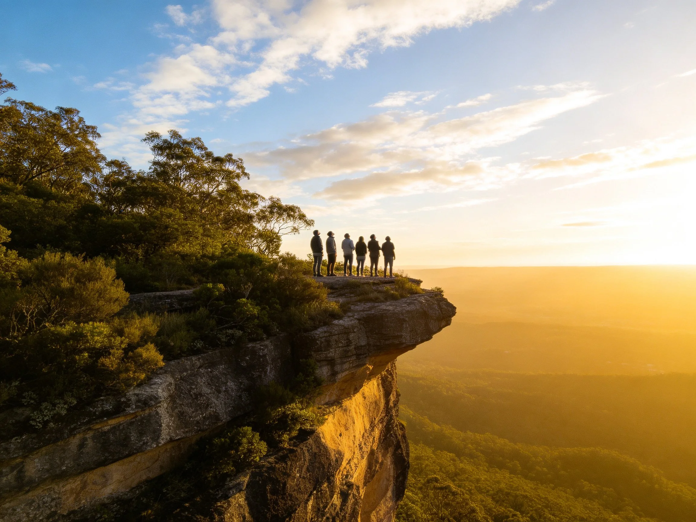 Six people on a rocky cliff ledge at golden hour