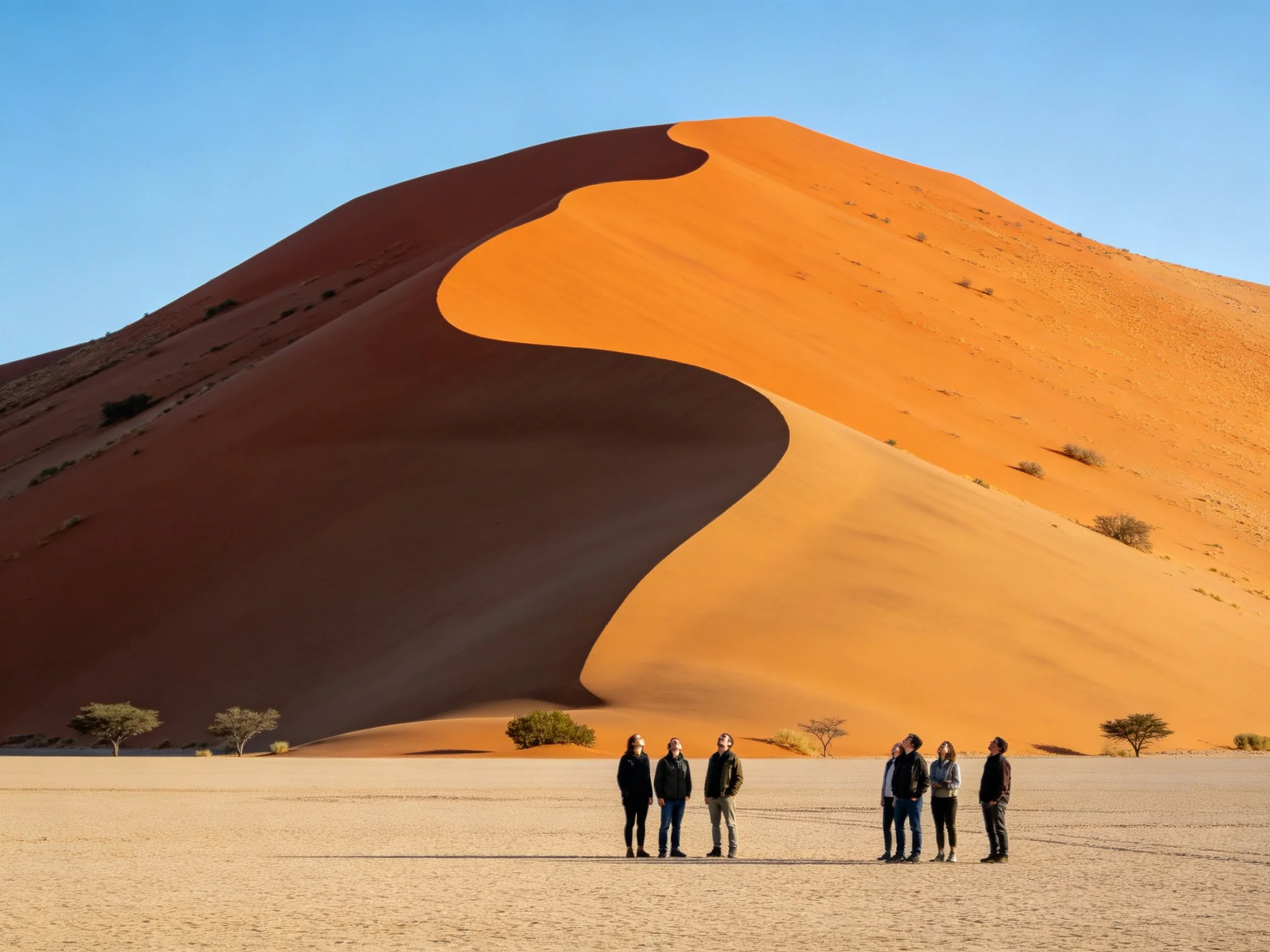 Six people stand before a massive orange-red sand dune formation