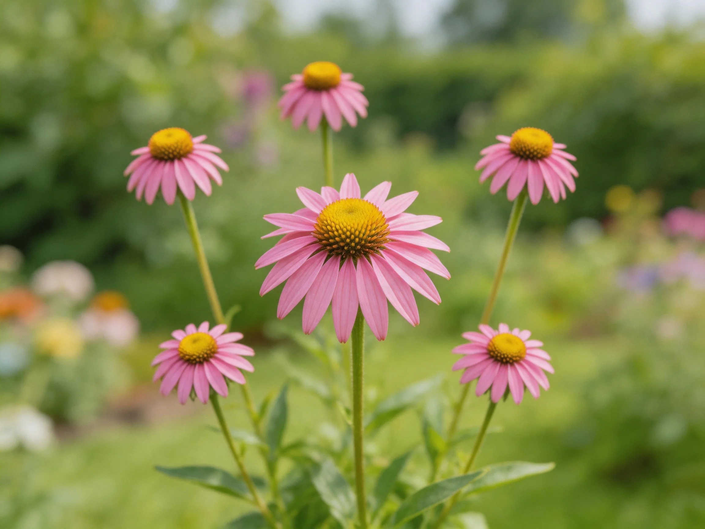 Six pink coneflowers with yellow centers in a lush garden