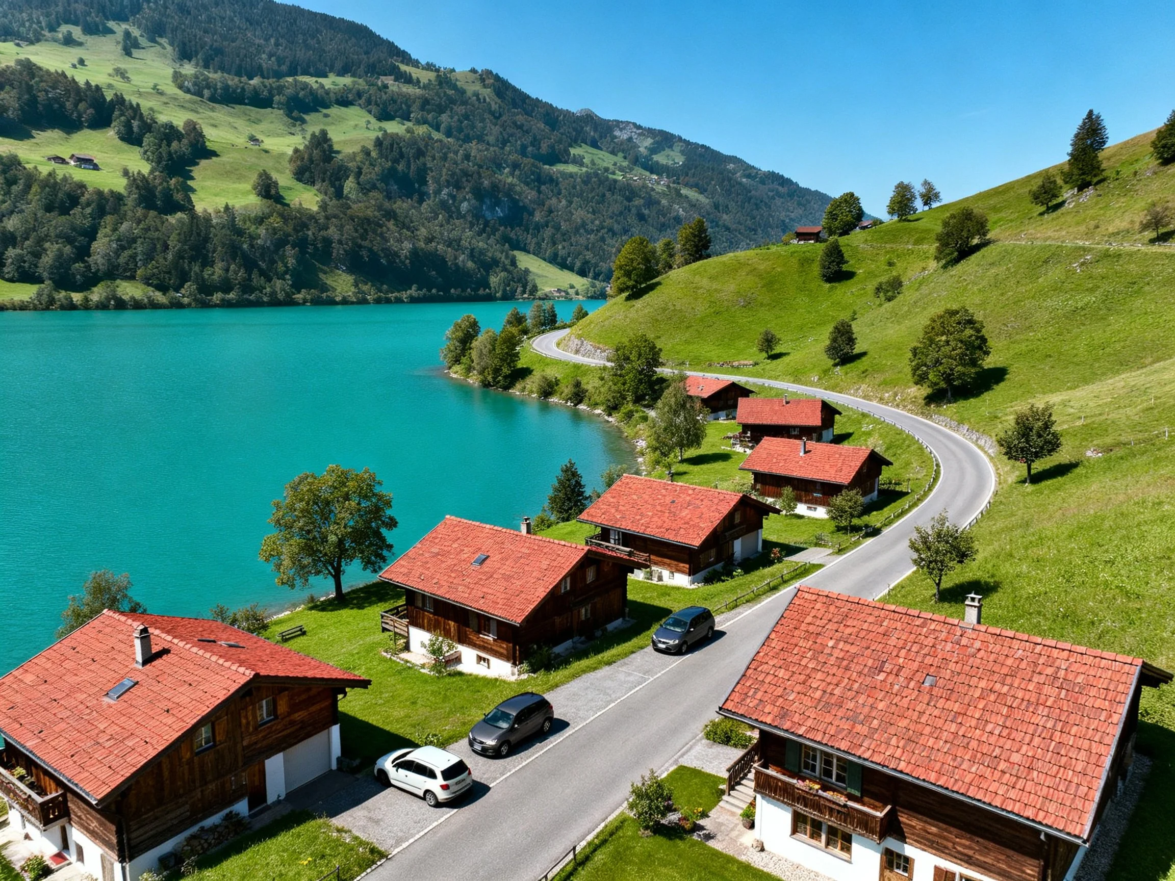 Six red-roofed cabins by a turquoise lake amid green hills