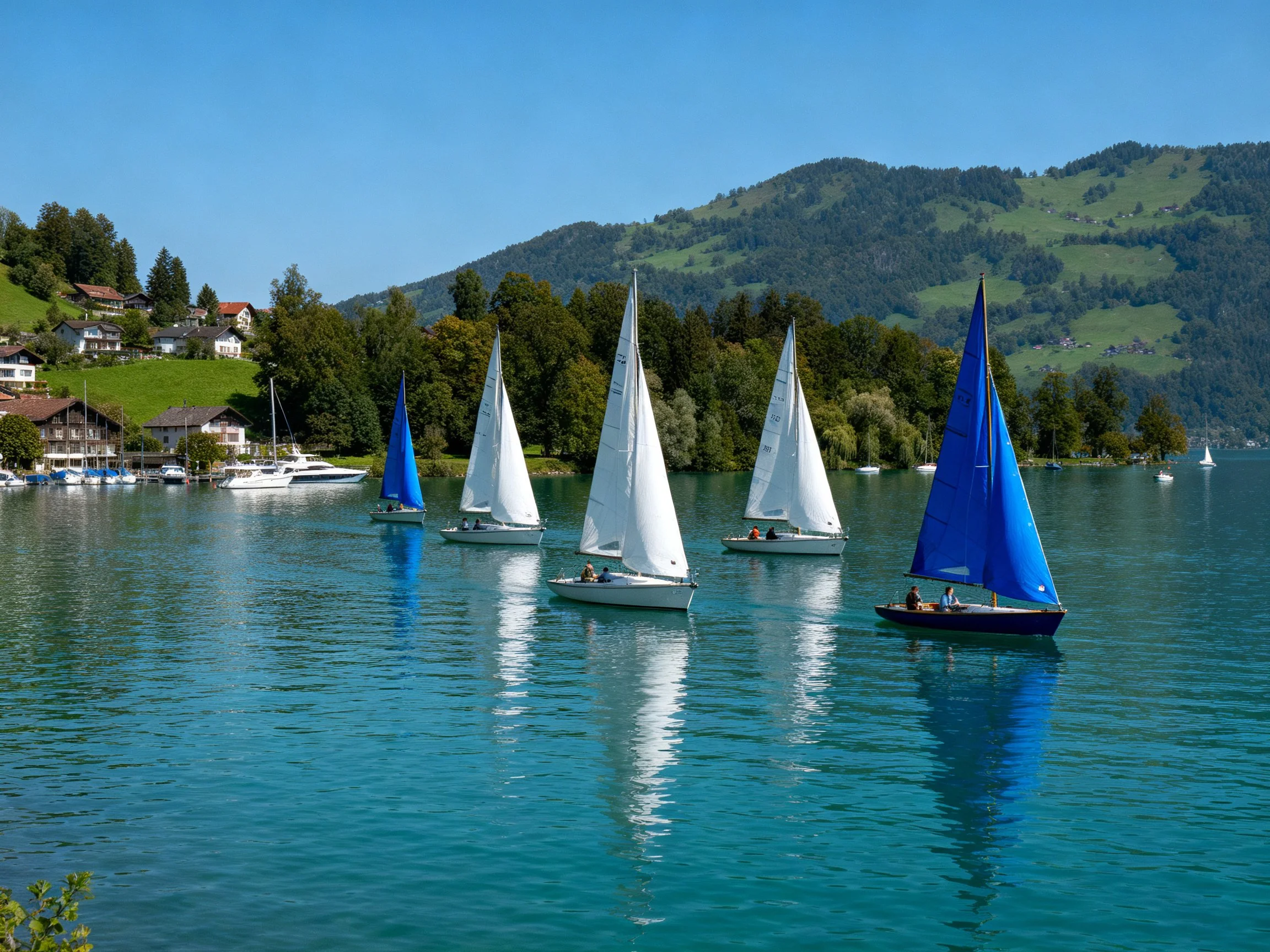 Six sailboats with blue and white sails glide over turquoise water near green hills