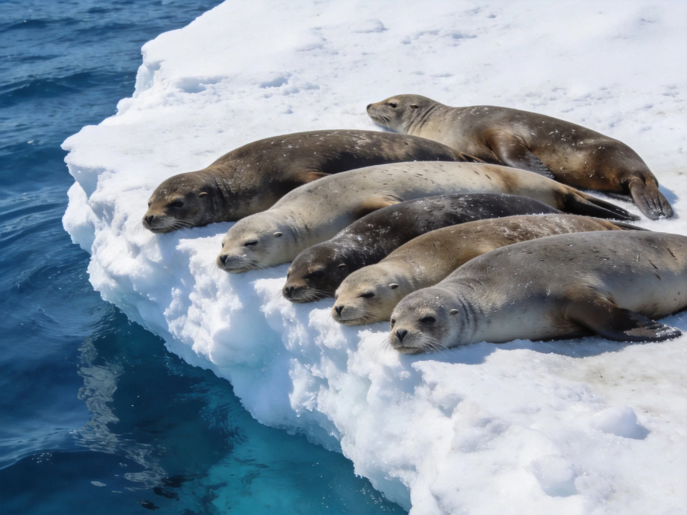 Six seals rest on a snowy ice floe by deep blue water