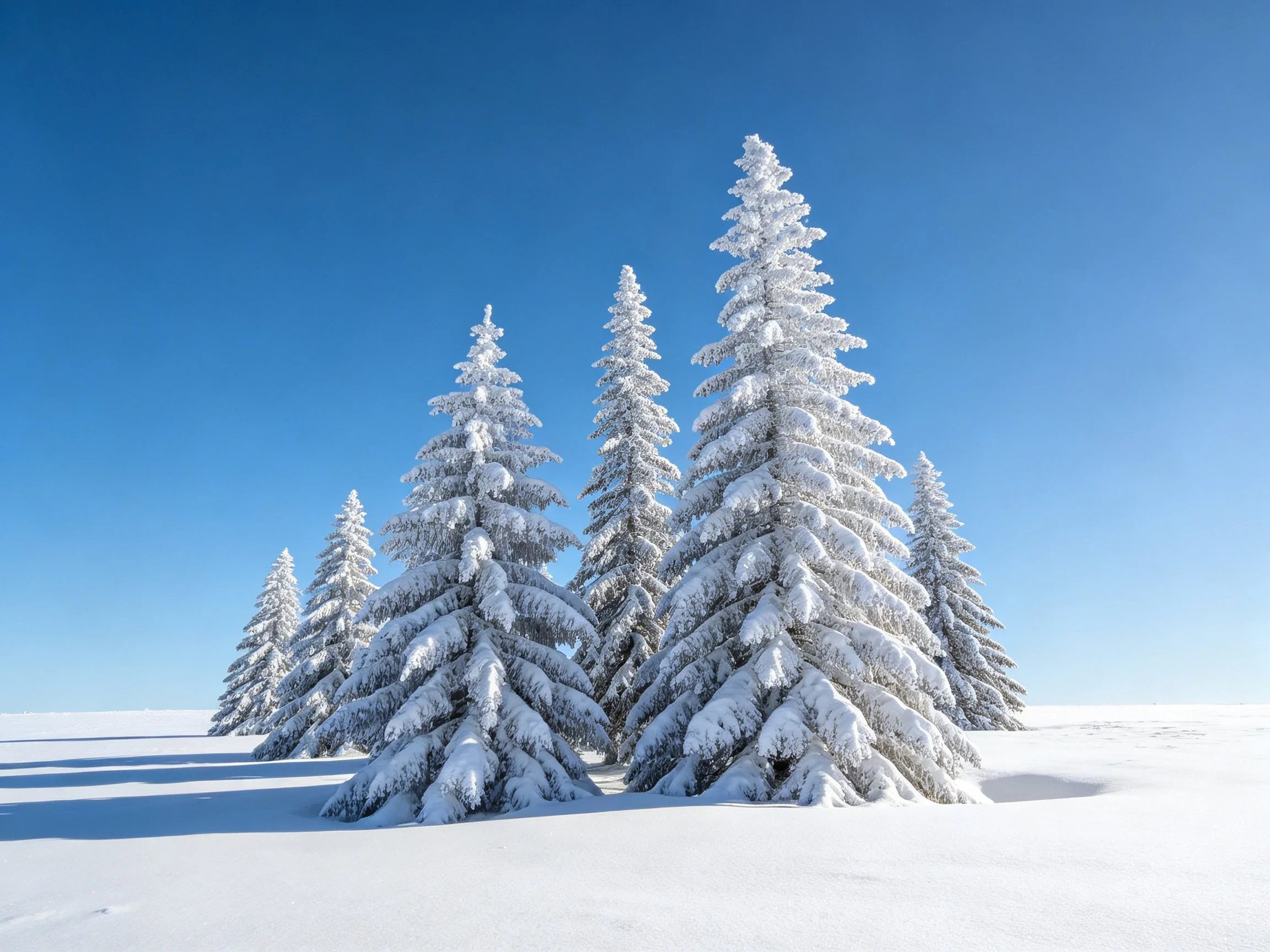 Six snow-laden evergreen trees cluster under a clear blue winter sky