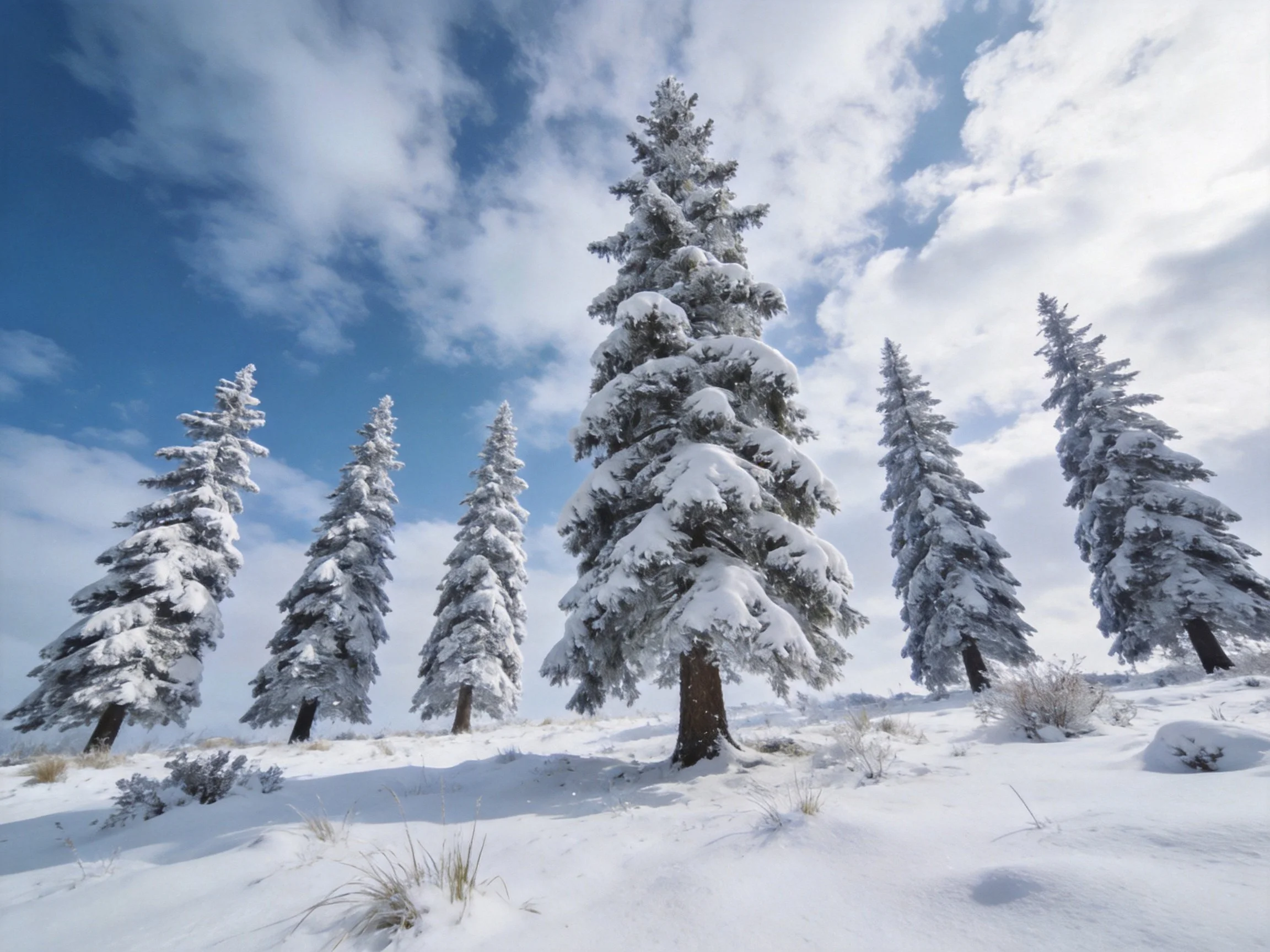 Six snow-laden evergreen trees stand against a bright blue winter sky