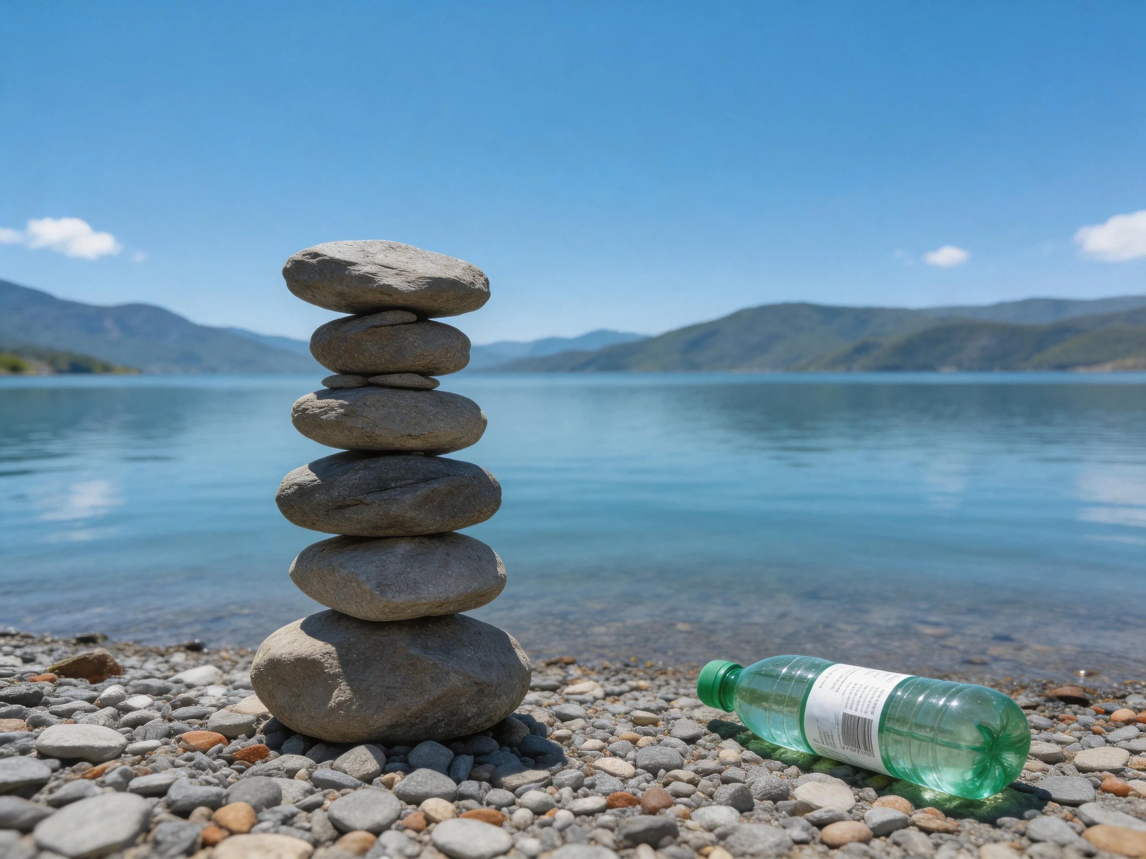 Six stacked stones by serene lake with green plastic bottle