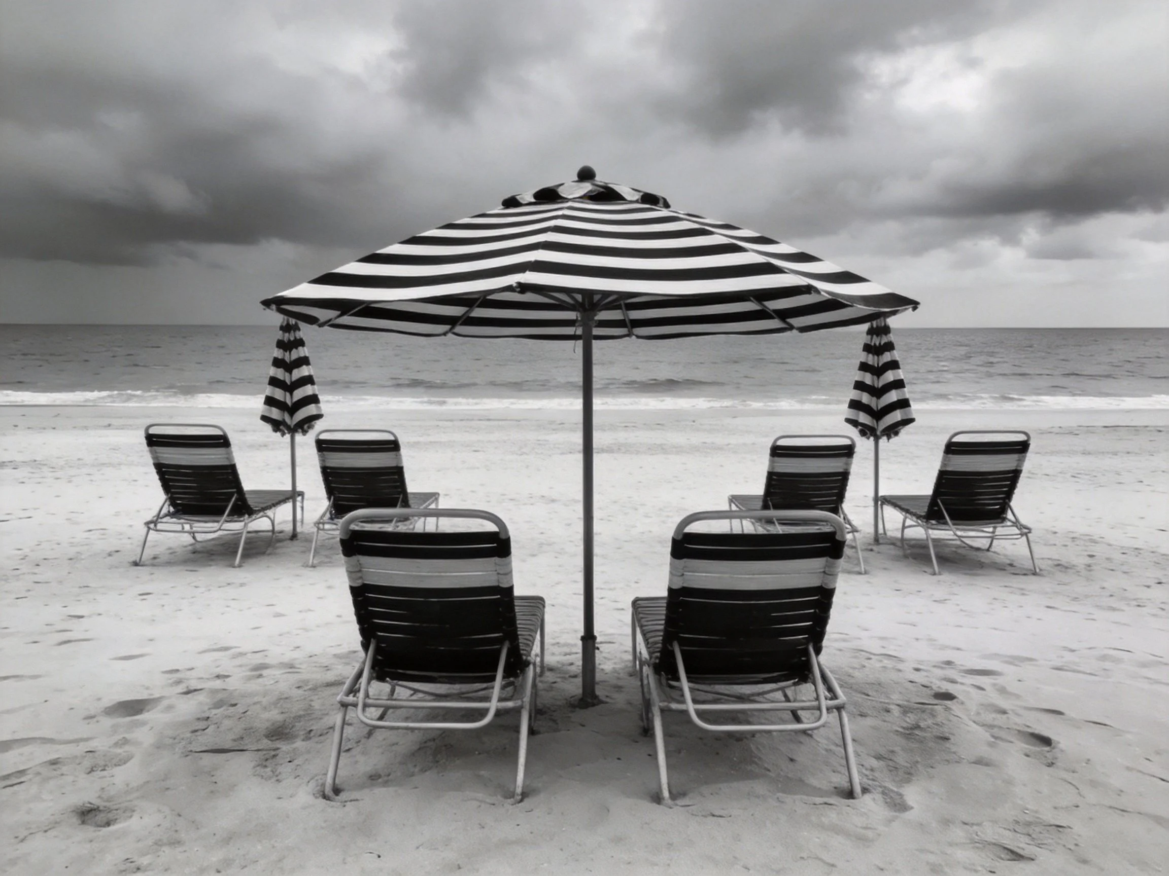 Six striped beach chairs arranged around umbrellas on sandy beach